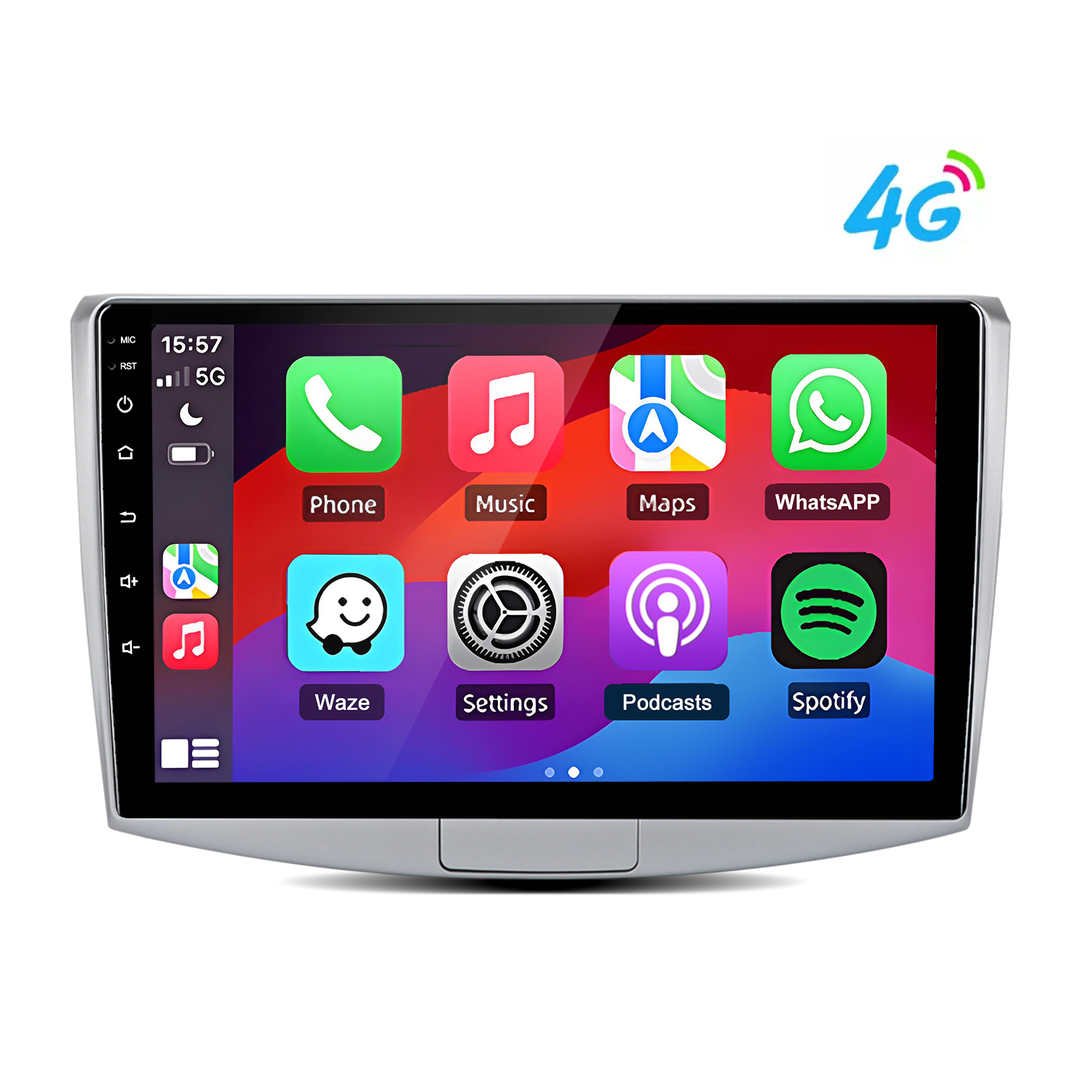 Ein Autoradio-Touchscreen zeigt Apps wie Telefon, Musik, Karten, WhatsApp, Waze, Einstellungen, Podcasts, Spotify.