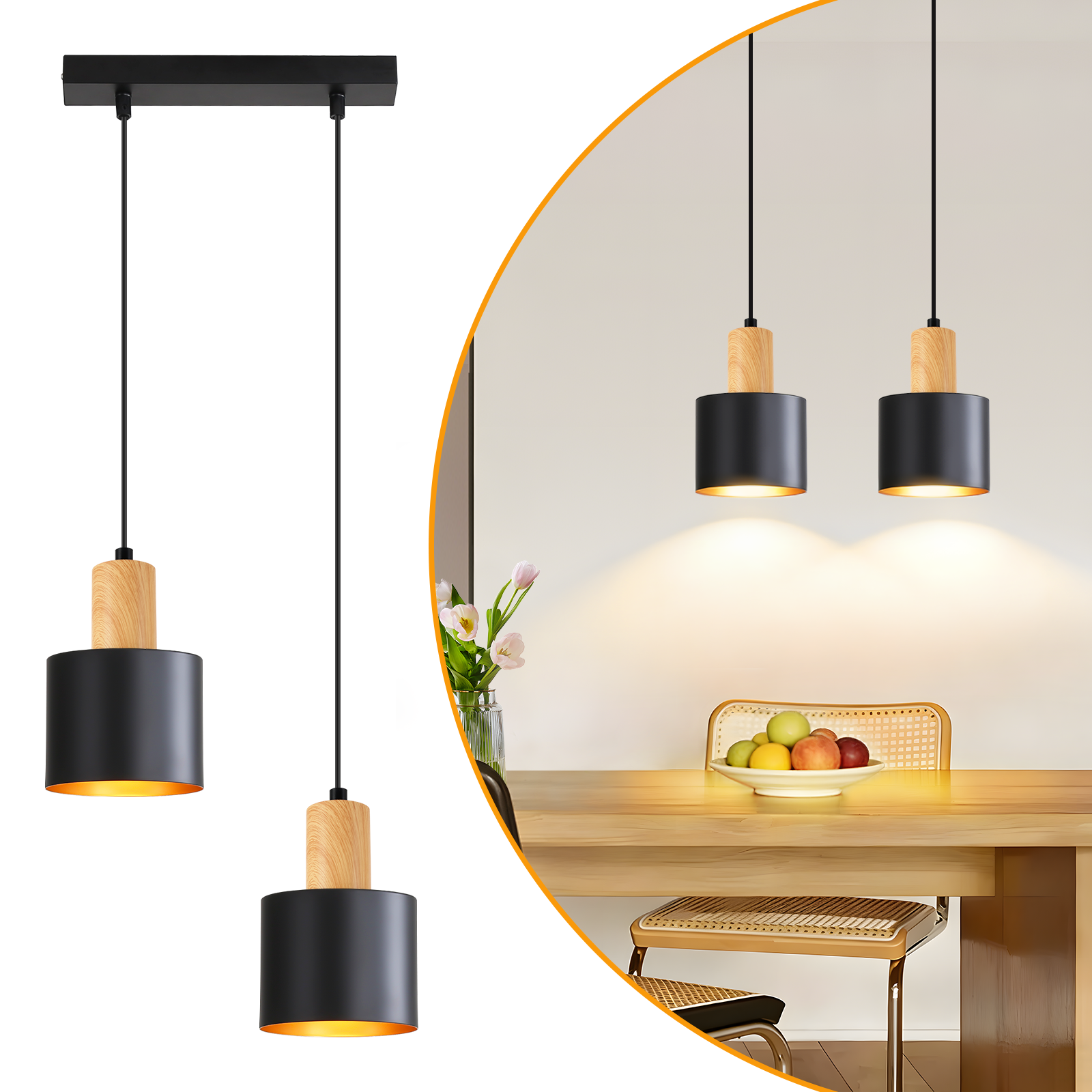 Zwei schwarze Pendelleuchten mit Holzdetails über einem Holztisch mit Obstschale und Stühlen.