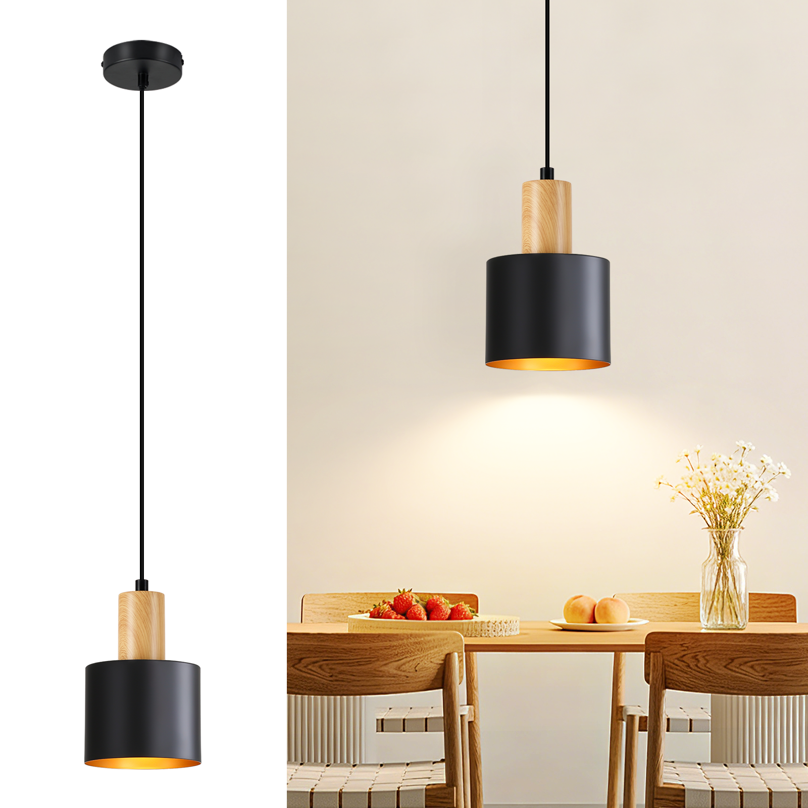 Pendelleuchte mit Holz und schwarzem Schirm über einem Esstisch mit Obst und Blumen.
