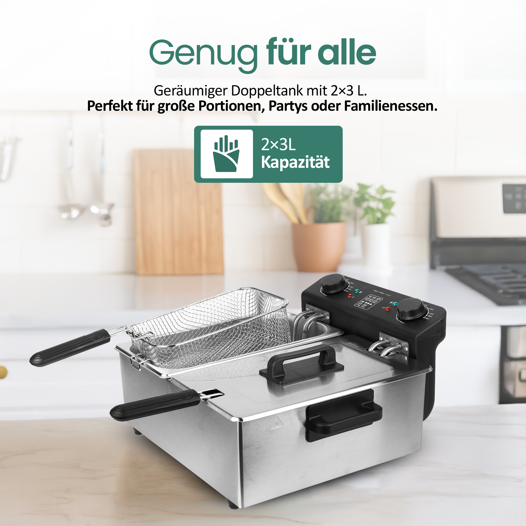 Edelstahl-Fritteuse mit zwei 3L-Behältern und Kontrollpanel.