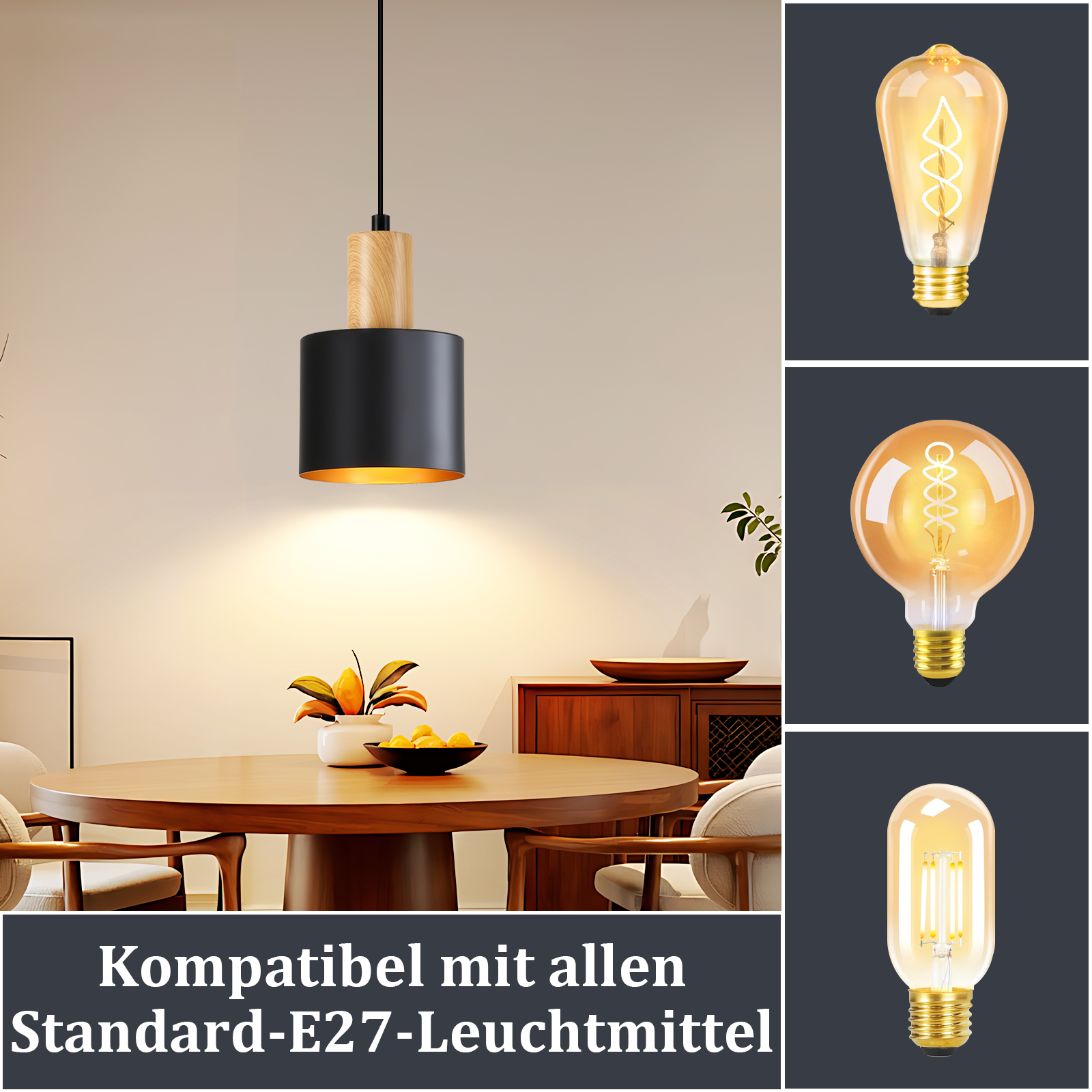 Pendelleuchte mit Holz und schwarzem Schirm über Esstisch. Glühbirnen daneben.
