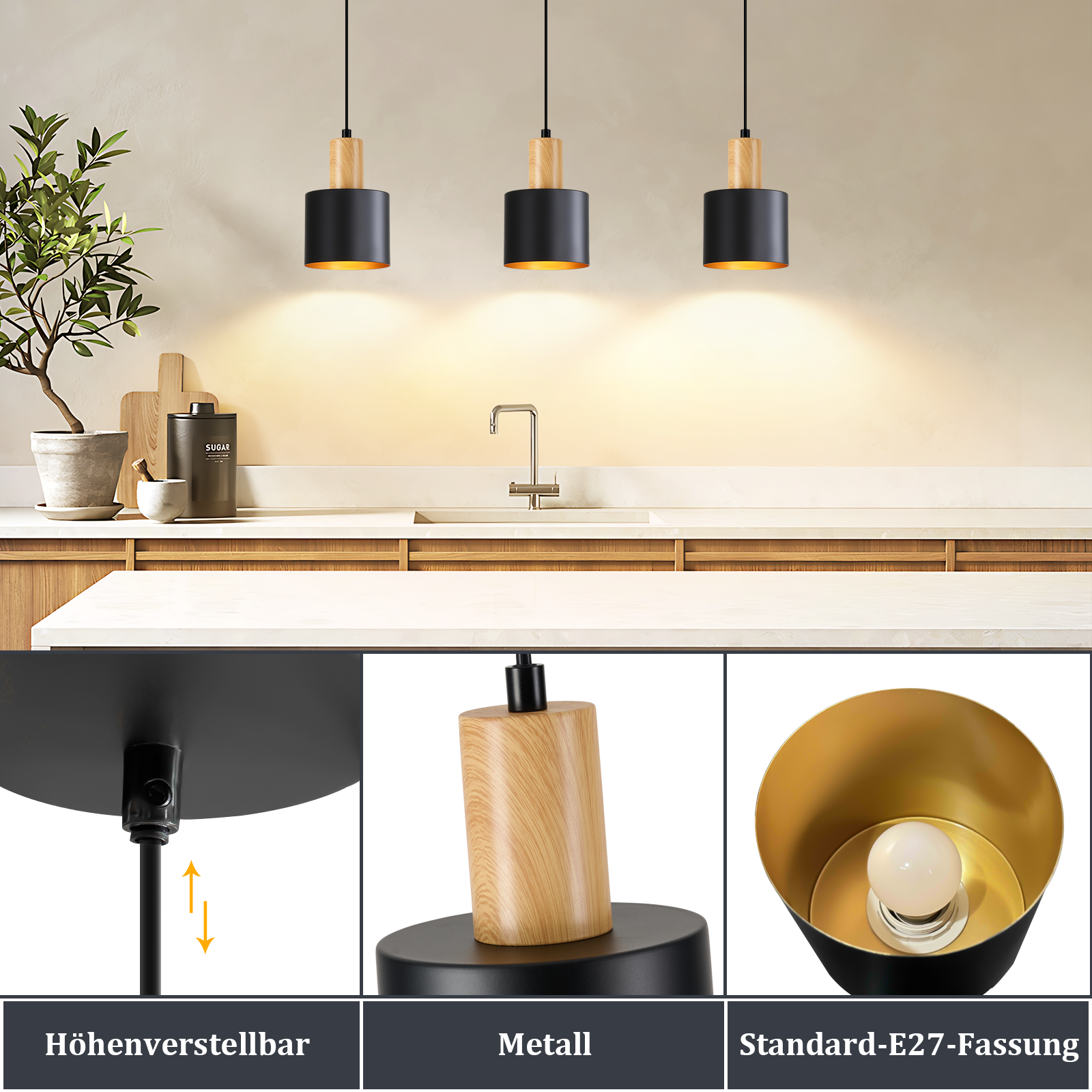 Drei Pendelleuchten mit Holz und Metall über einer Küchentheke.