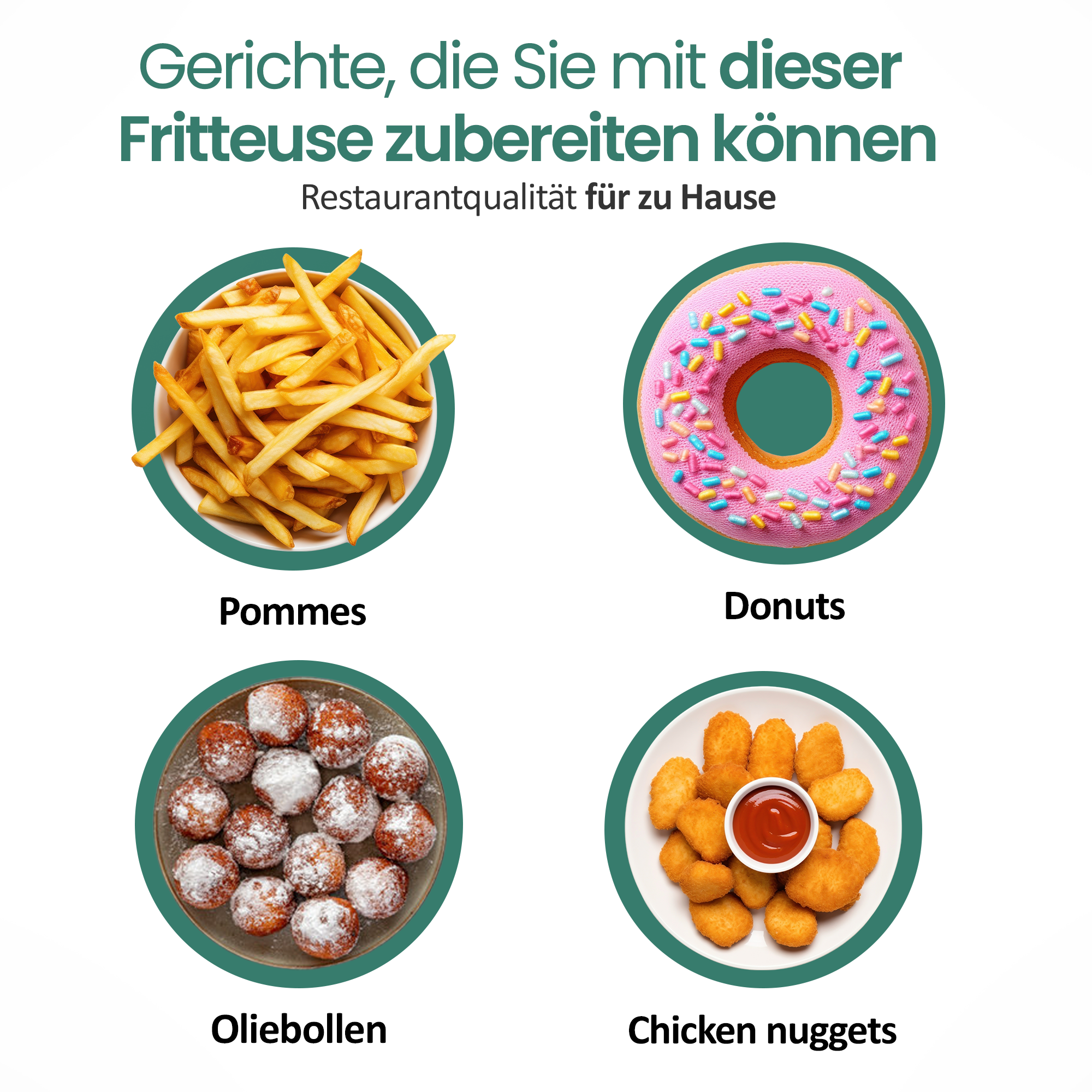 Vier Speisen: Pommes, Donuts, Oliebollen und Chicken Nuggets.