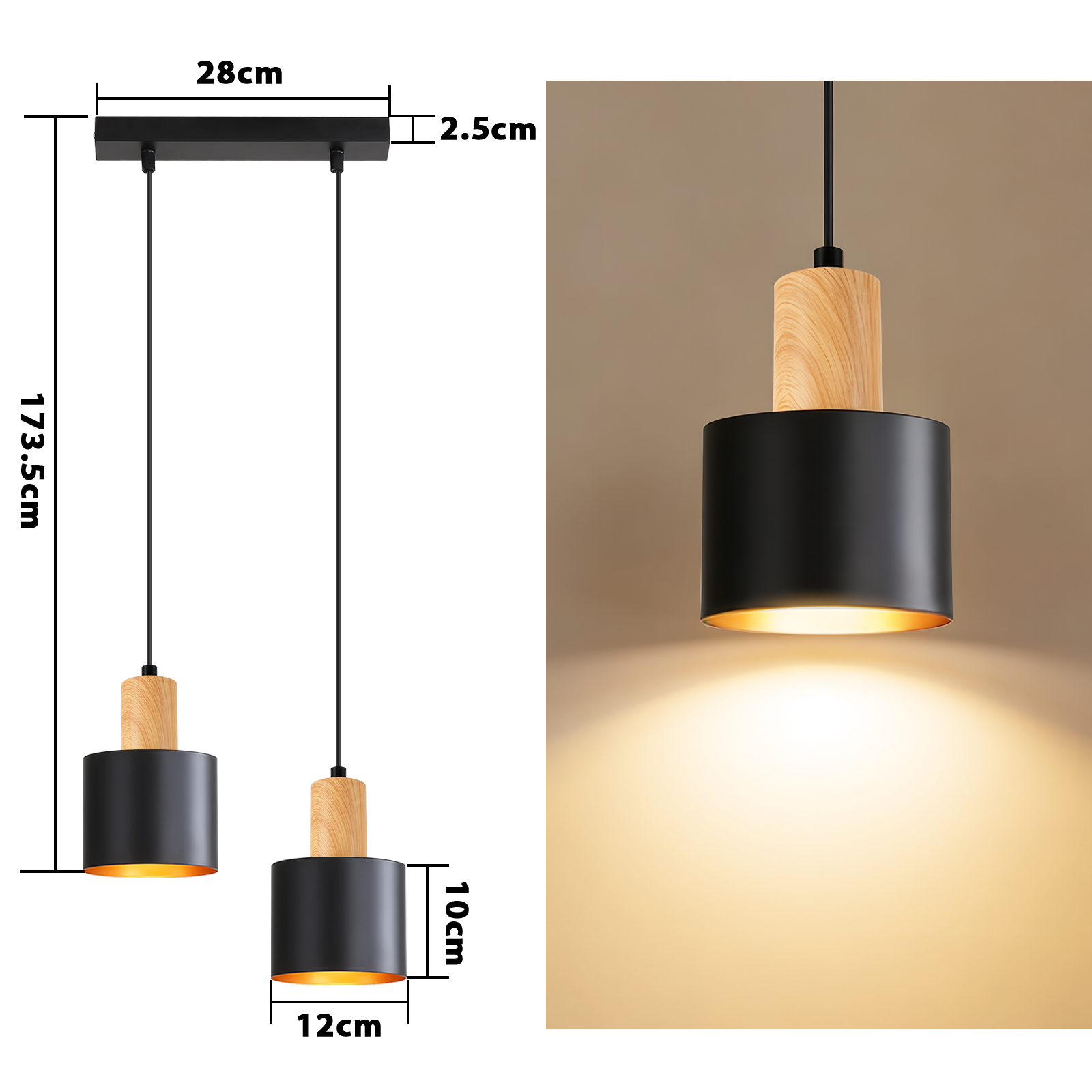 Zwei Pendelleuchten mit Holzaufsatz und schwarzem Schirm, beleuchtet.