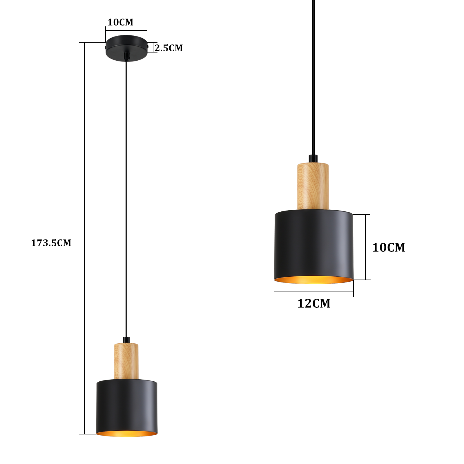 Zwei Pendelleuchten mit Holz- und schwarzem Metallzylinder.