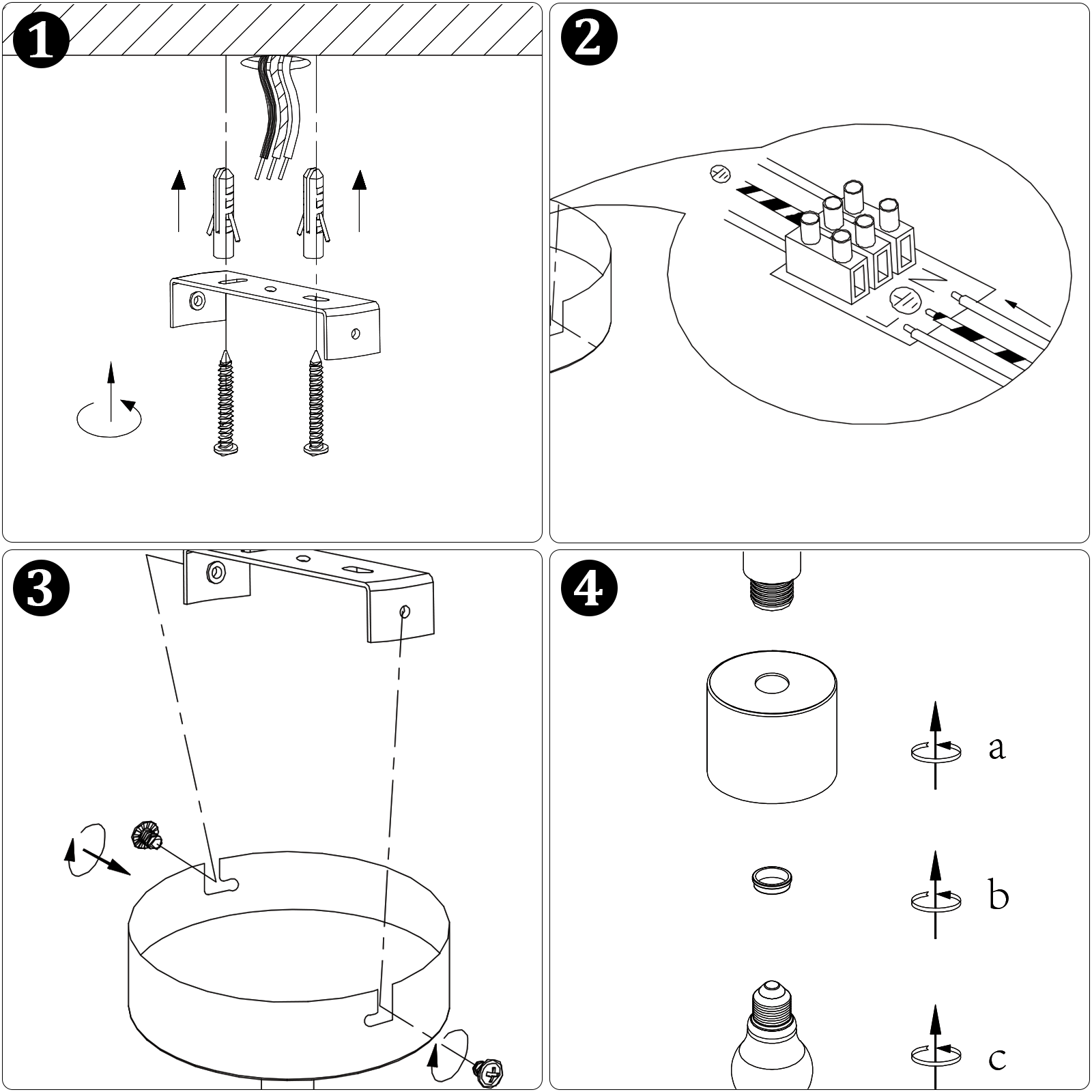 Illustrationen zeigen die Installation einer Leuchte: Wandhalterung, Verdrahtung, Lampenschirmbefestigung, Lampenfassung.