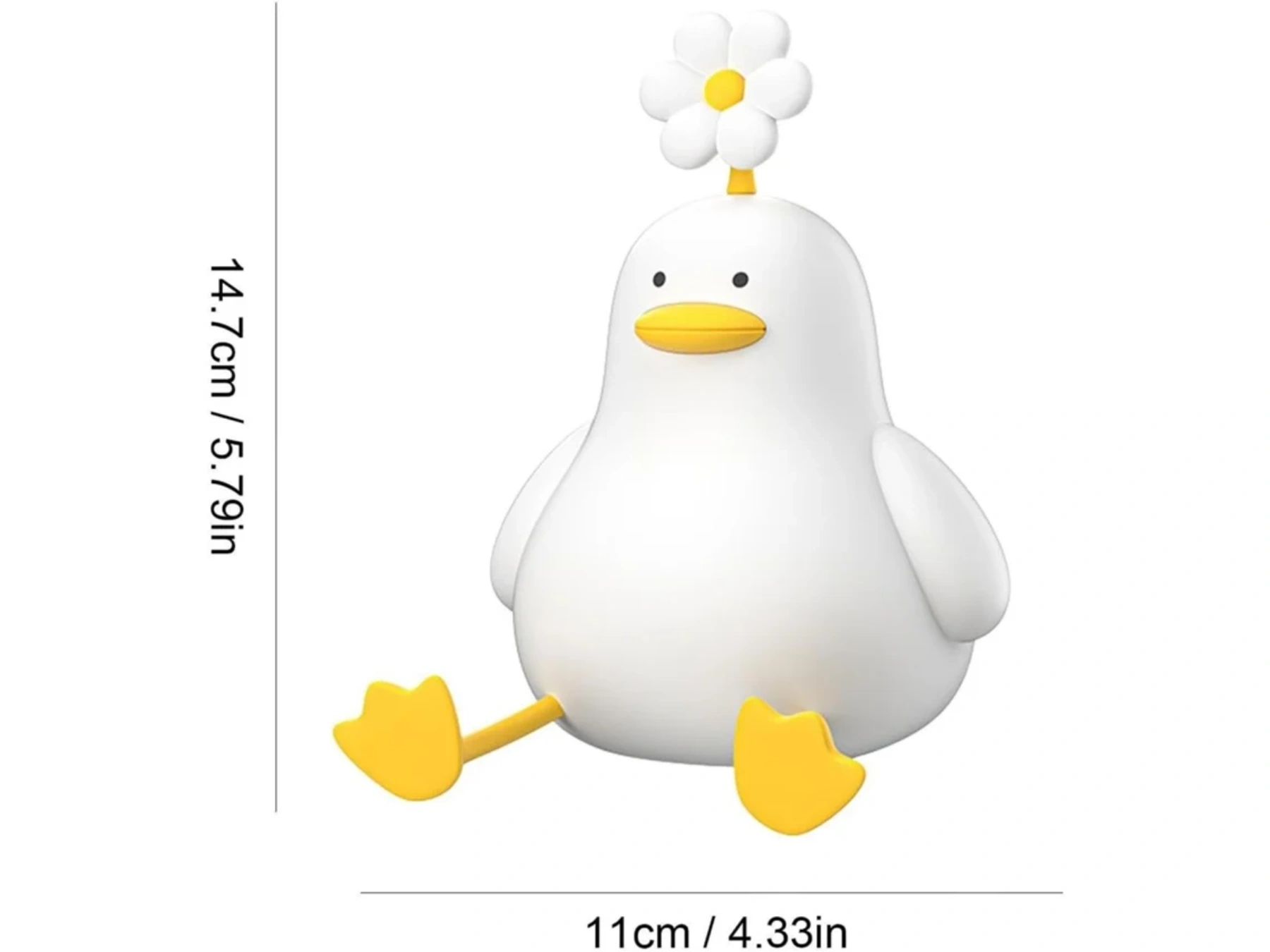 Weiße Ente mit Blume auf dem Kopf, gelbem Schnabel und Füßen.