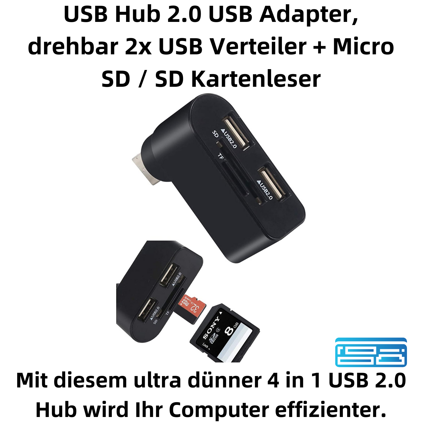 Schwarzer rotierbarer 4-in-1-USB-2.0-Hub mit zwei USB-Anschlüssen und SD/TF-Kartenleser.