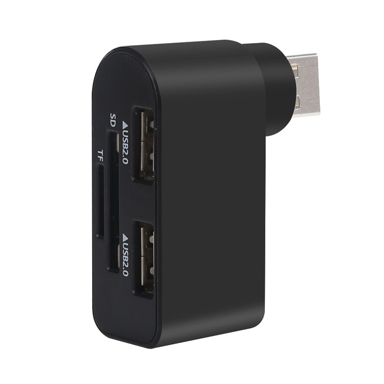Schwarzer USB-Kartenleser mit SD/TF-Steckplätzen und zwei USB 2.0-Anschlüssen.