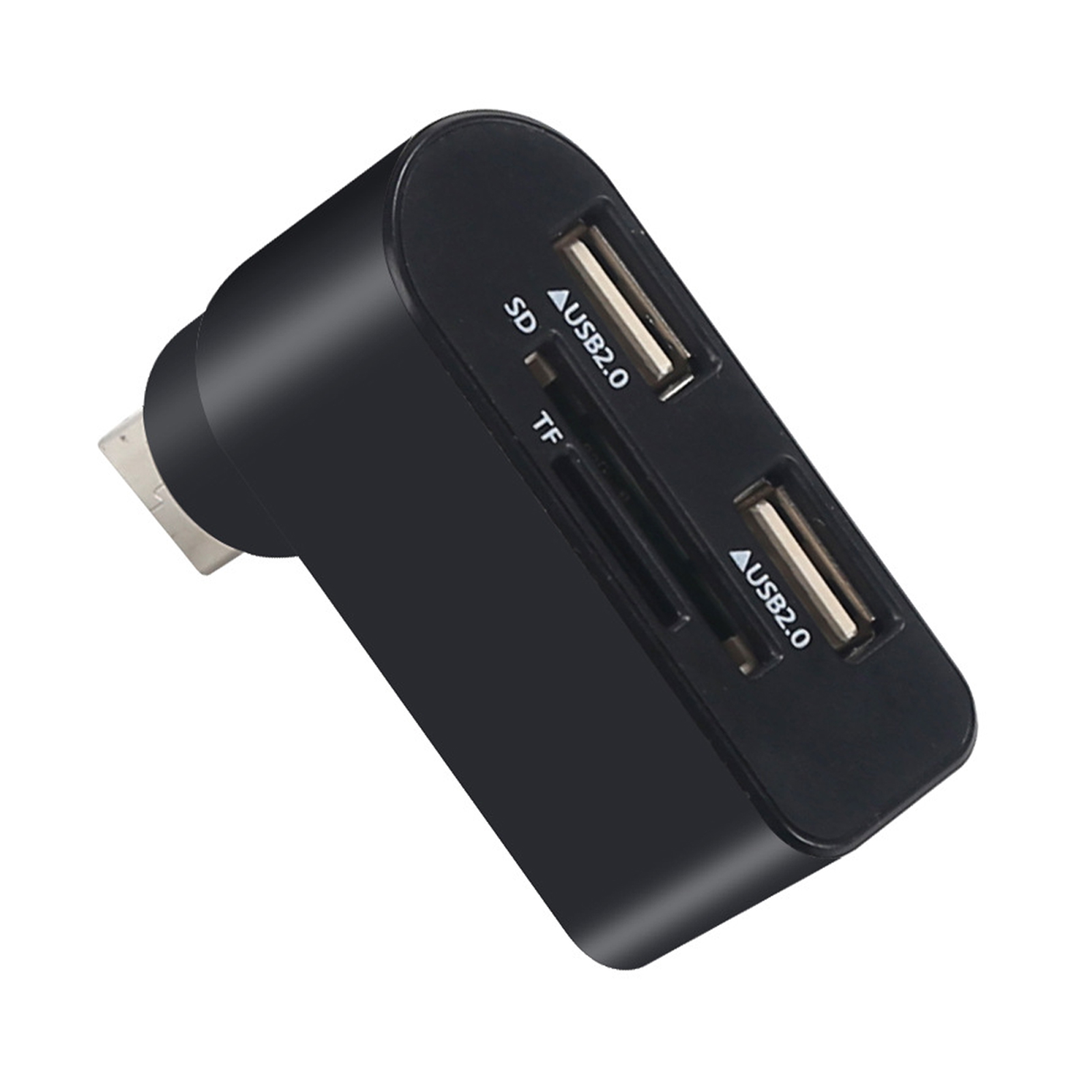 Schwarzer USB-Hub mit SD- und TF-Kartensteckplätzen und zwei USB 2.0-Anschlüssen.