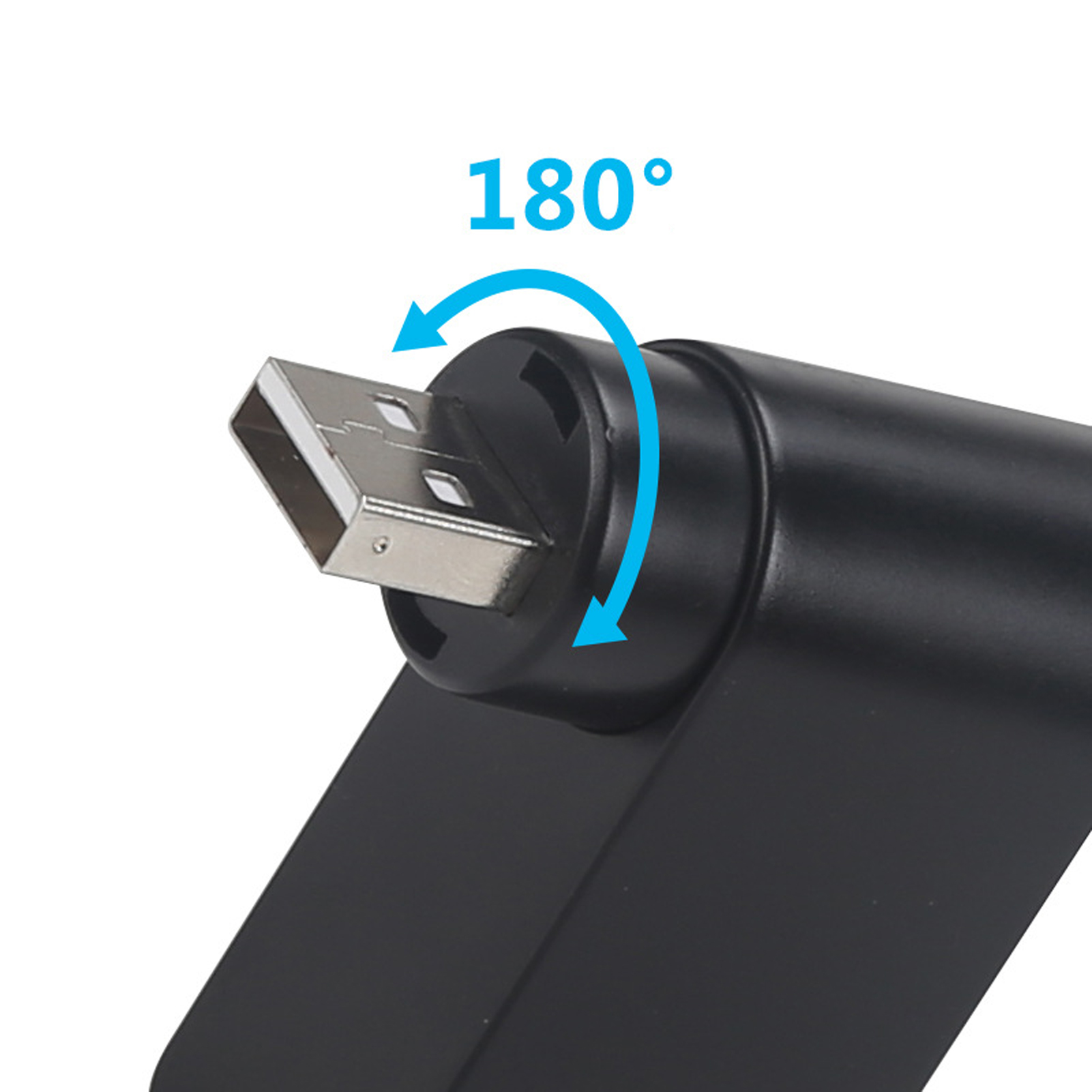 Ein USB-Stecker dreht sich um 180 Grad, gezeigt mit Pfeilen.