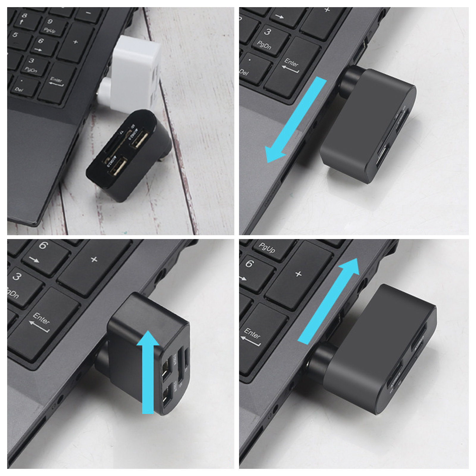 Ein schwarzer USB-Hub mit mehreren Anschlüssen ist an einen Laptop angeschlossen.