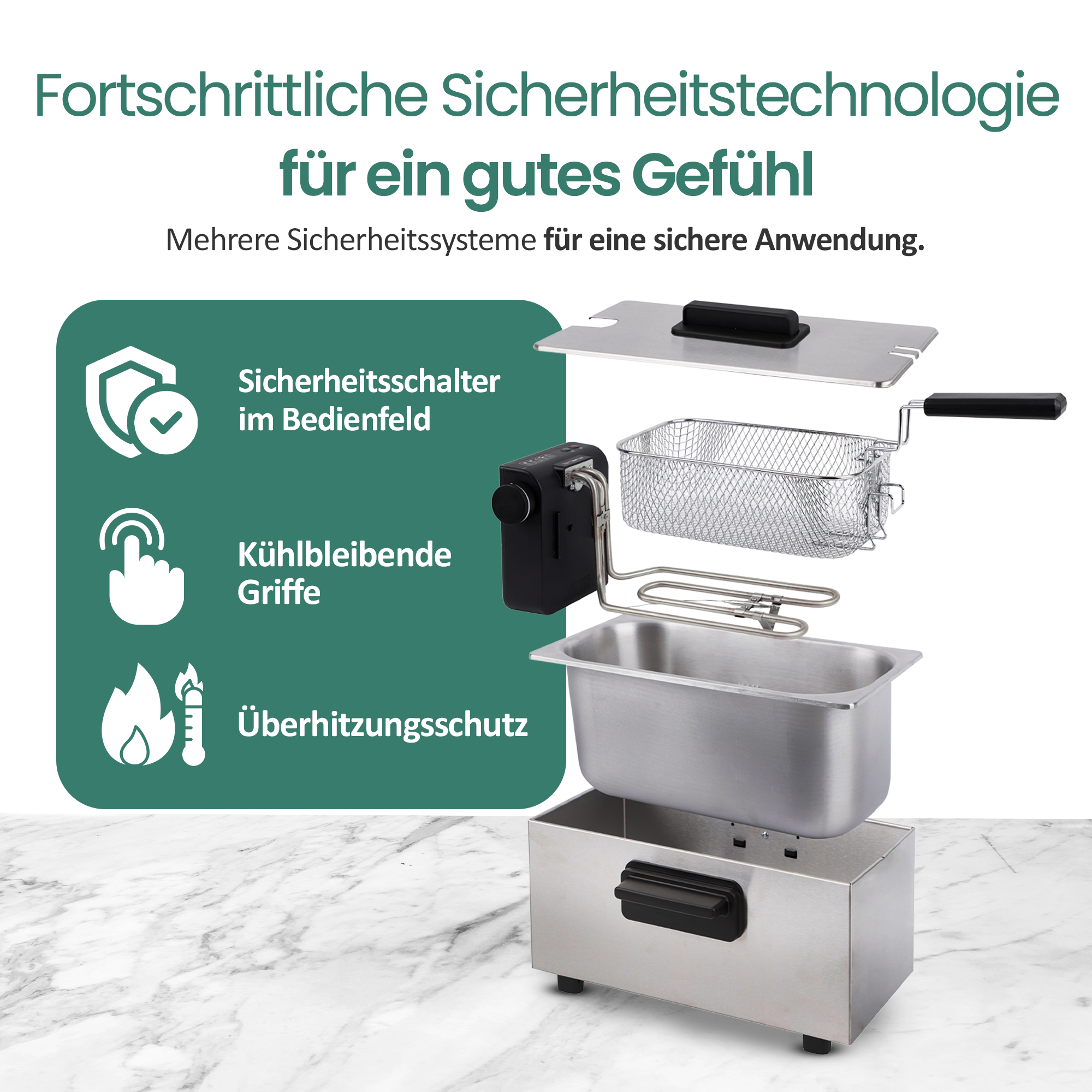 Edelstahl-Fritteuse mit abnehmbarem Korb und Sicherheitsmerkmalen.