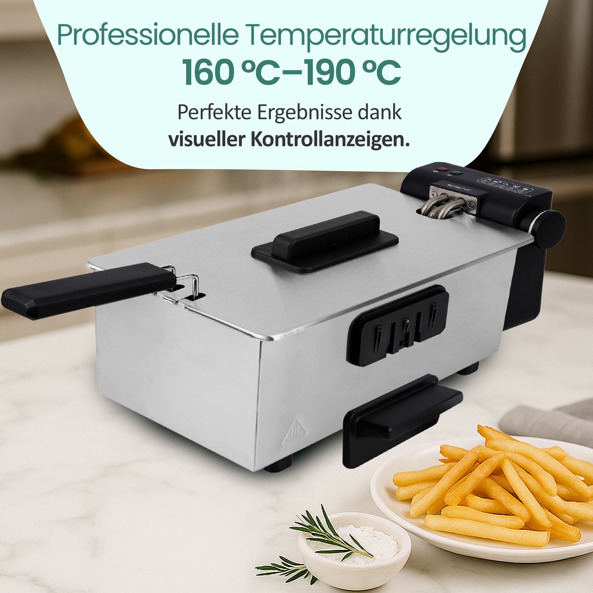 Edelstahl-Fritteuse mit Pommes und Kräutern. Temperatur 160-190°C.