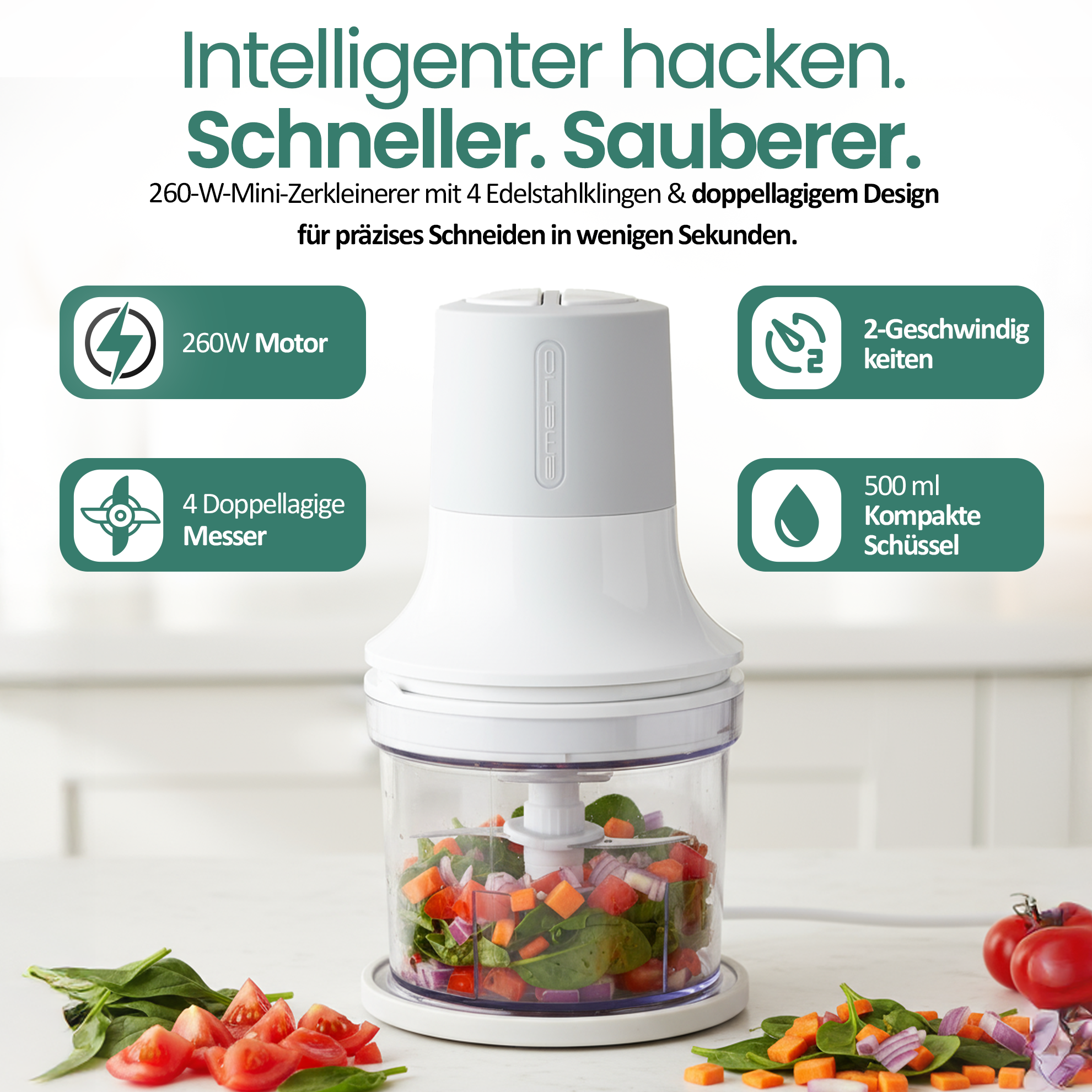 Ein weißer Mini-Zerkleinerer mit 2 Geschwindigkeiten und 4 Klingen.
