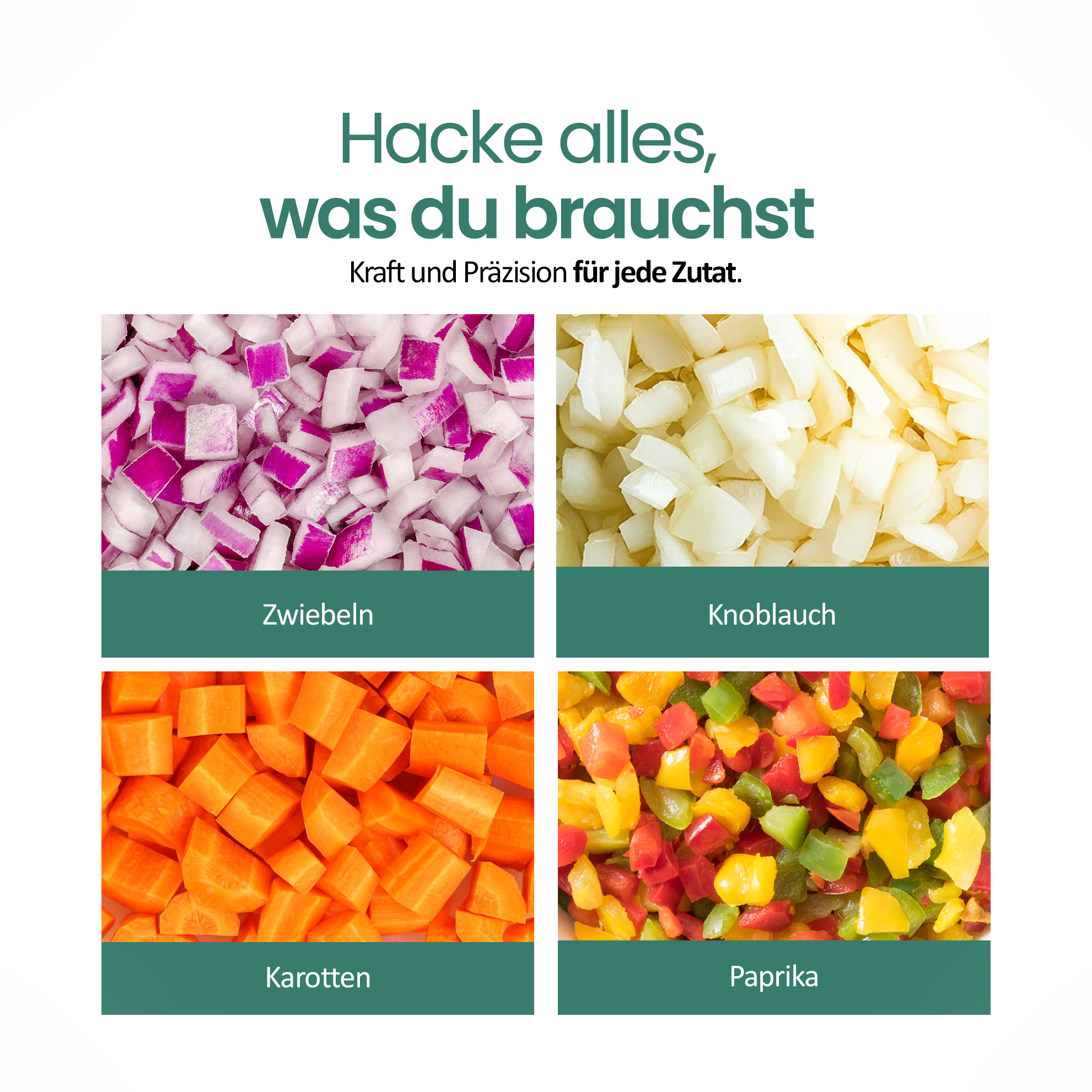 Gehackte Zwiebeln, Knoblauch, Karotten und Paprika.