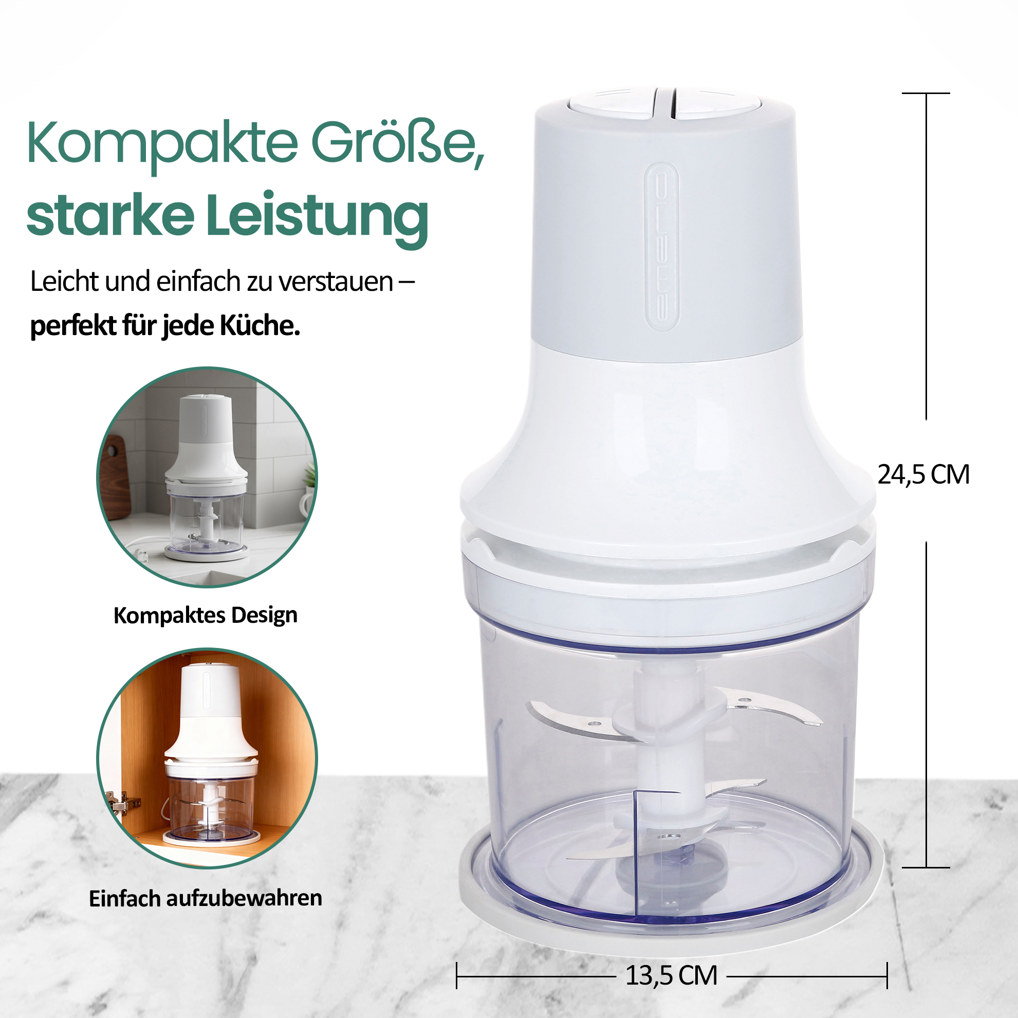 Ein kompakter weißer Lebensmittelzerkleinerer mit transparentem Behälter und Klingen.
