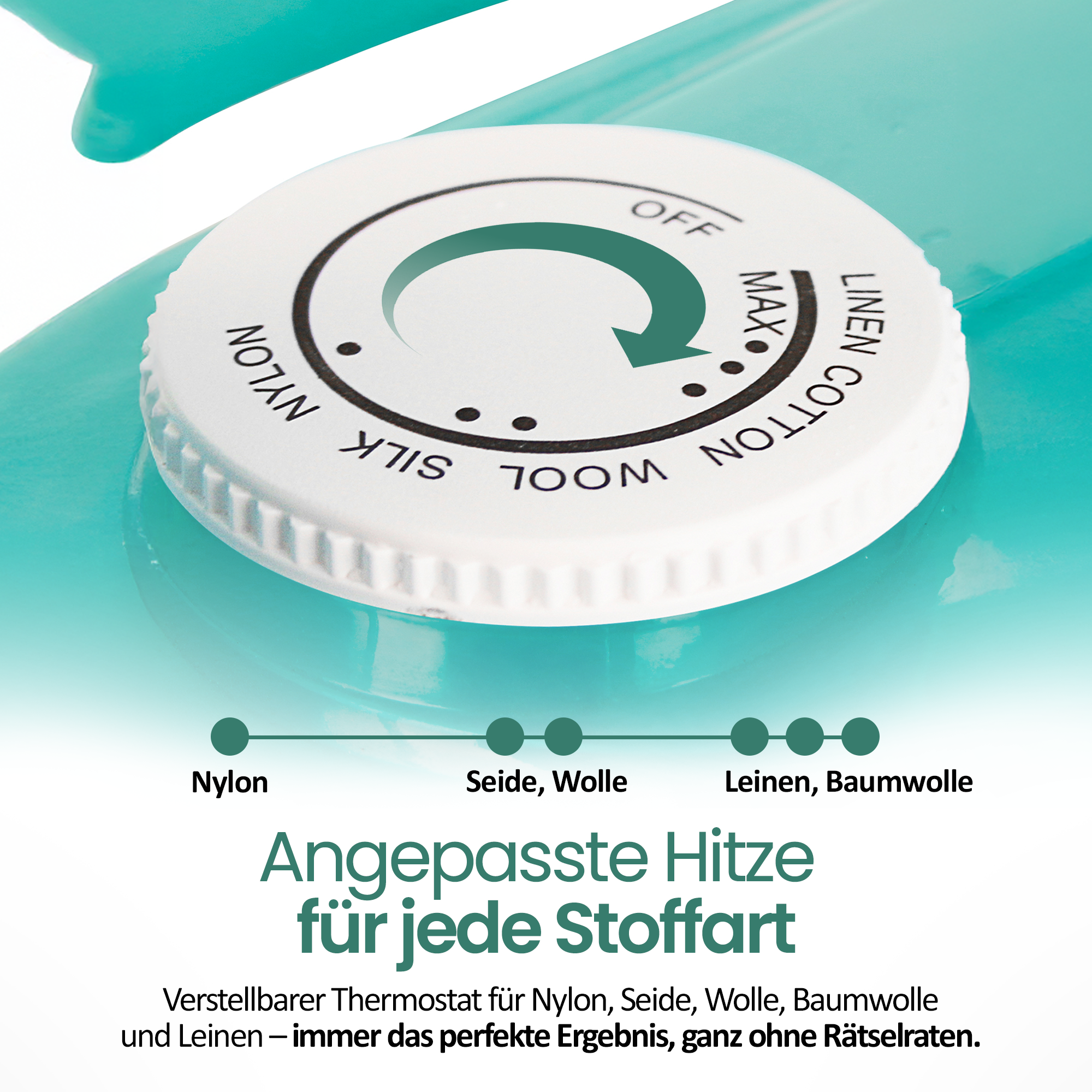 Naheinstellung eines Bügeleisen-Thermostats mit Stoffarten-Einstellungen.