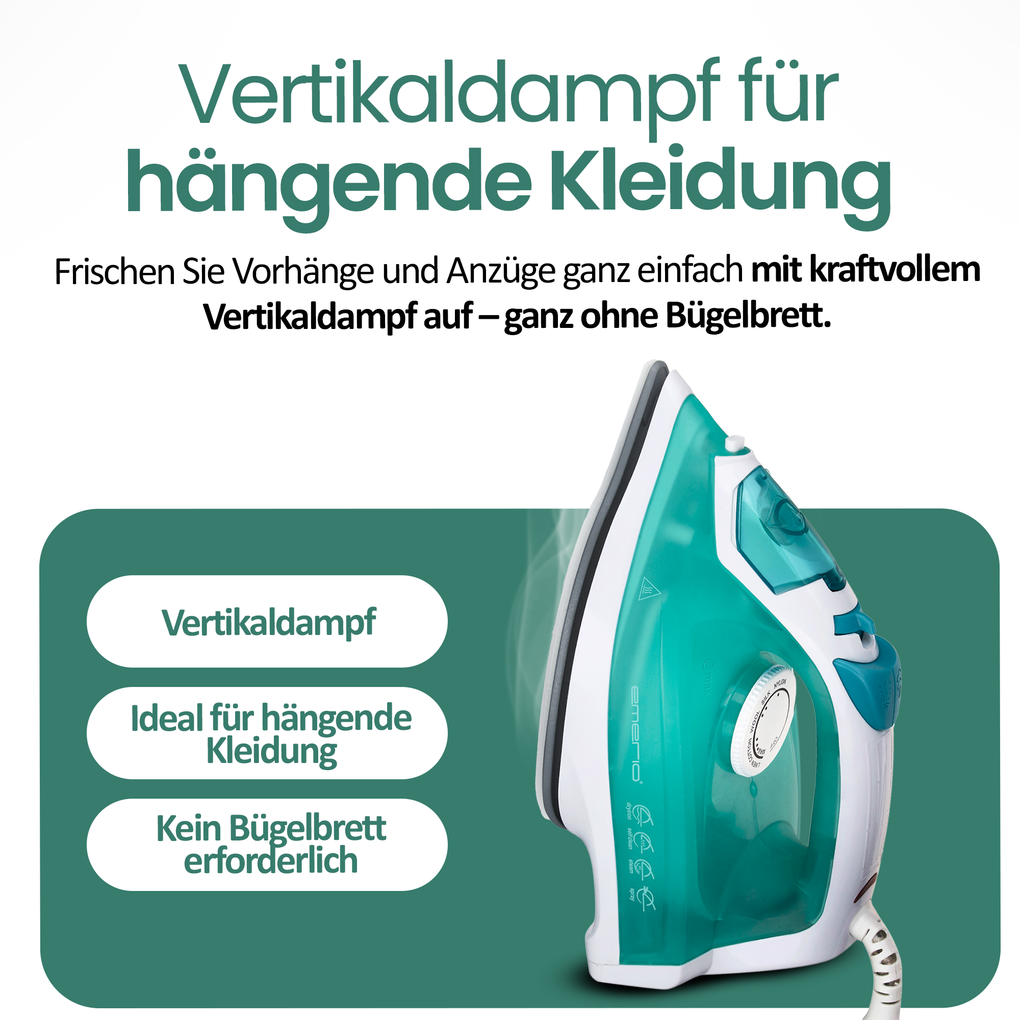 Ein grünes und weißes Dampfbügeleisen mit Text über vertikalen Dampf für Kleidung.