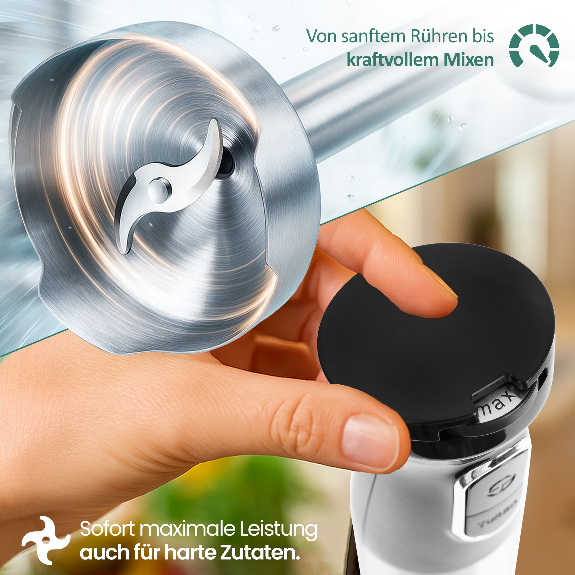 Nahaufnahme eines Stabmixers mit Metallklingen und schwarzem Griff.