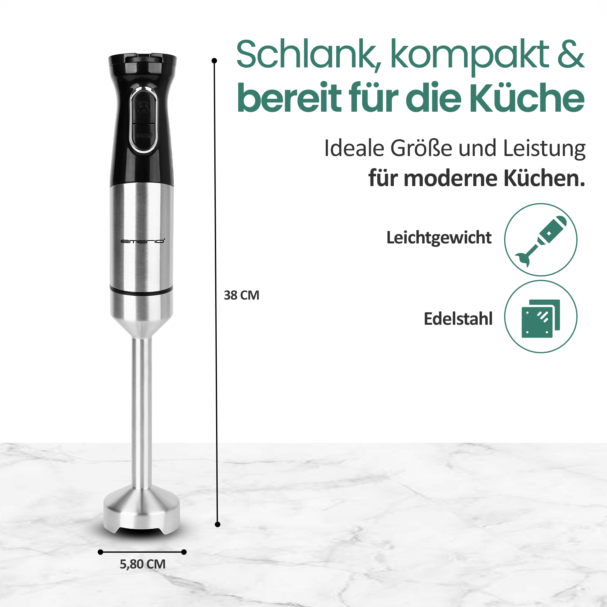 Ein schlanker Stabmixer aus Edelstahl mit schwarzen Bedienelementen.