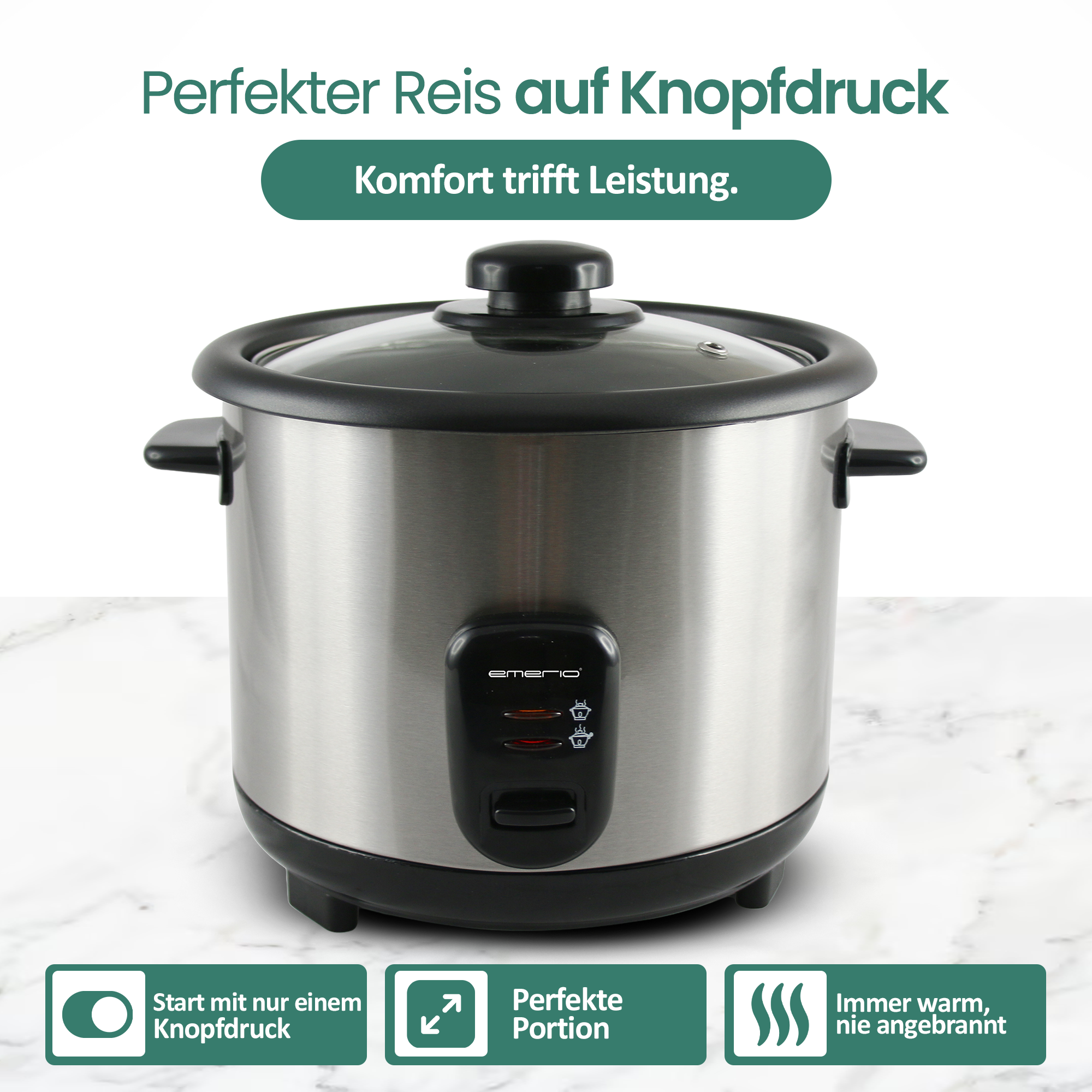 Ein silberner Reiskocher mit Glasdeckel steht auf Marmor.