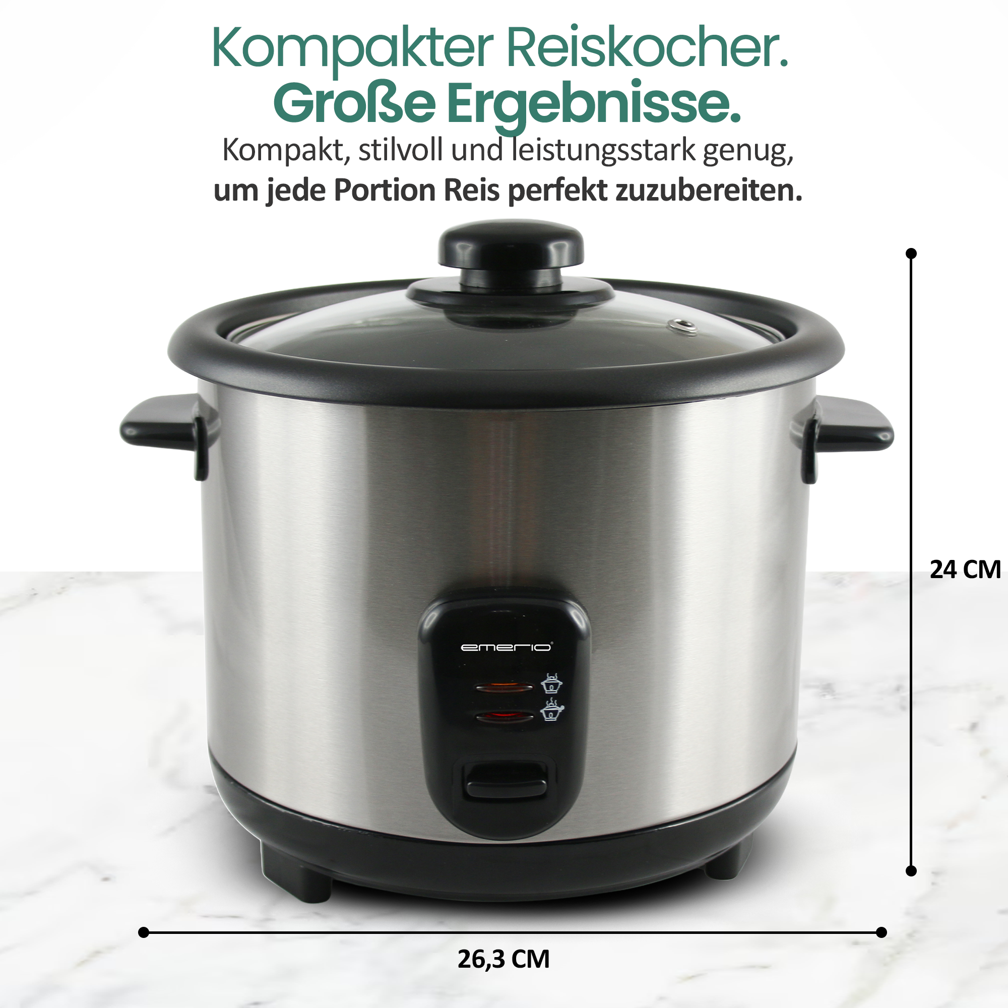 Ein silberner Emerio Reiskocher mit schwarzem Deckel und Bedienelementen.