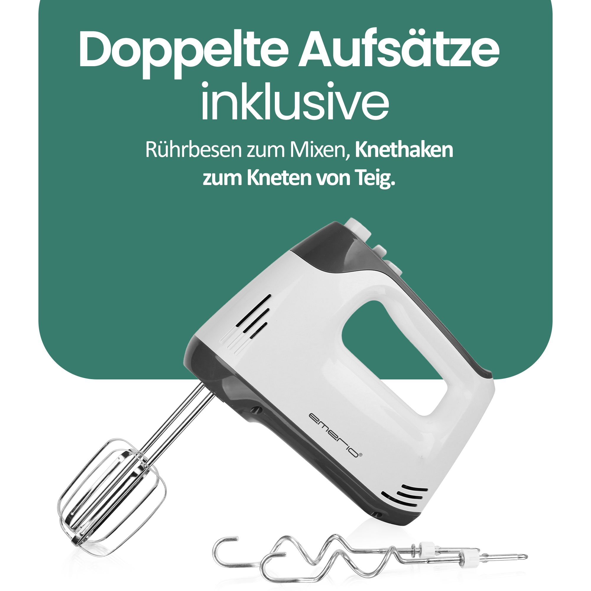 Ein weißer Handmixer mit grauen Akzenten und Rührbesen sowie Knethaken.