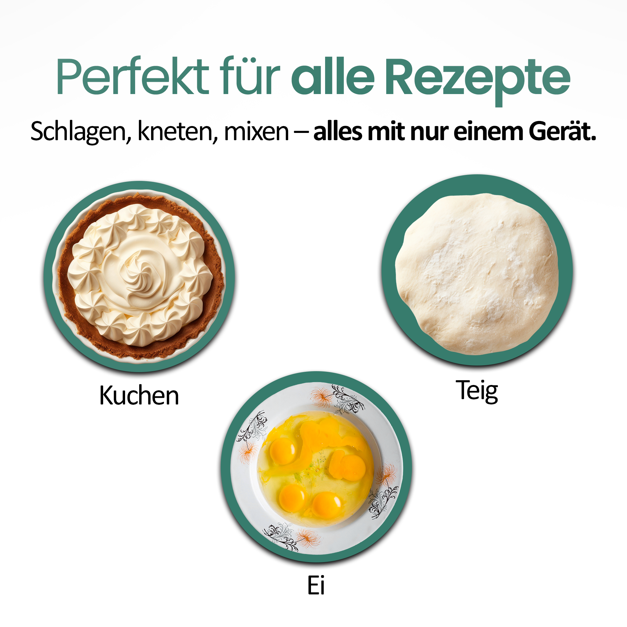 Kuchen, Teig und Eier werden gezeigt, um Vielseitigkeit zu demonstrieren.