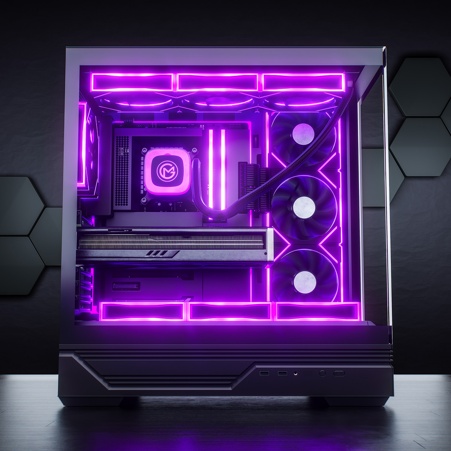 Ein offener PC mit violetter Beleuchtung, Lüftern und Komponenten.