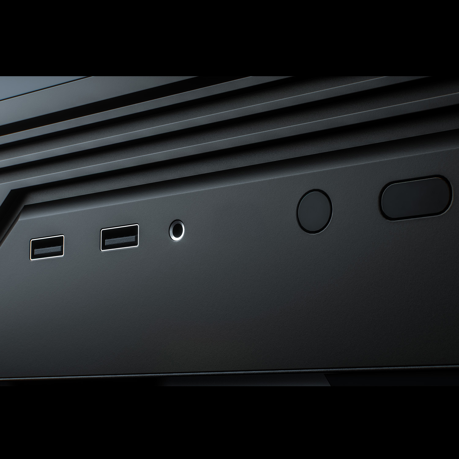 Schwarzes Computergehäuse mit USB-Anschlüssen, Audiobuchse und Tasten.