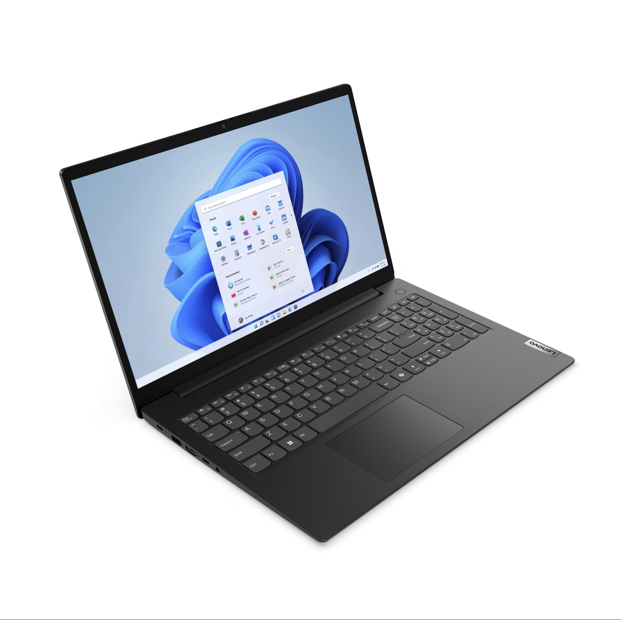 Ein schwarzer Lenovo Laptop mit geöffnetem Bildschirm, auf dem Windows 11 angezeigt wird.