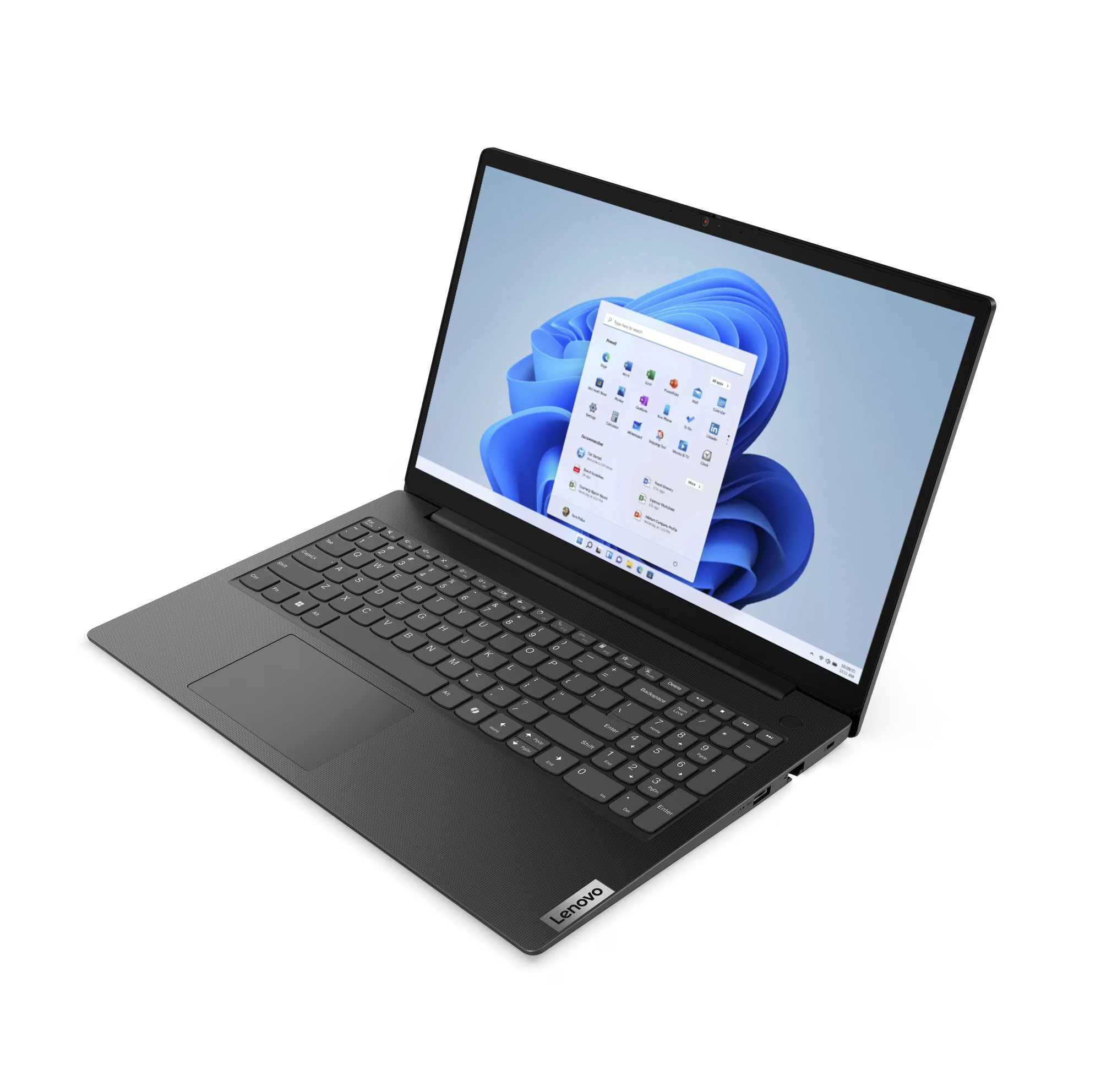 Ein geschlossener schwarzer Lenovo Laptop mit Windows 11 auf dem Bildschirm.