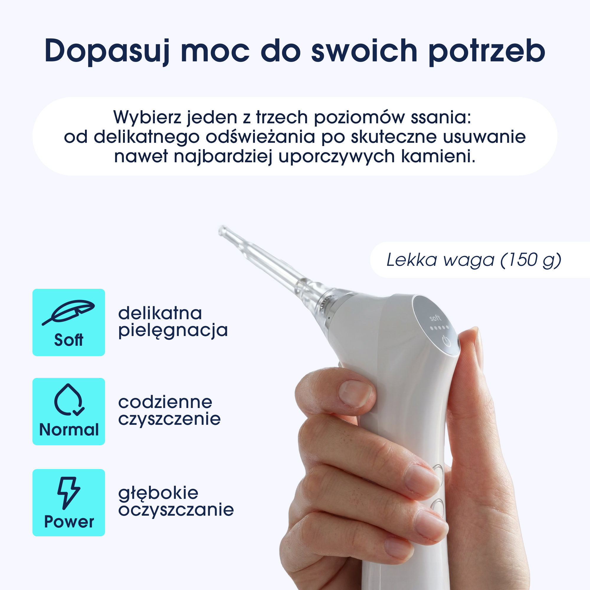 Białe urządzenie ręczne z trzema ustawieniami: Soft, Normal, Power. Waży 150g.