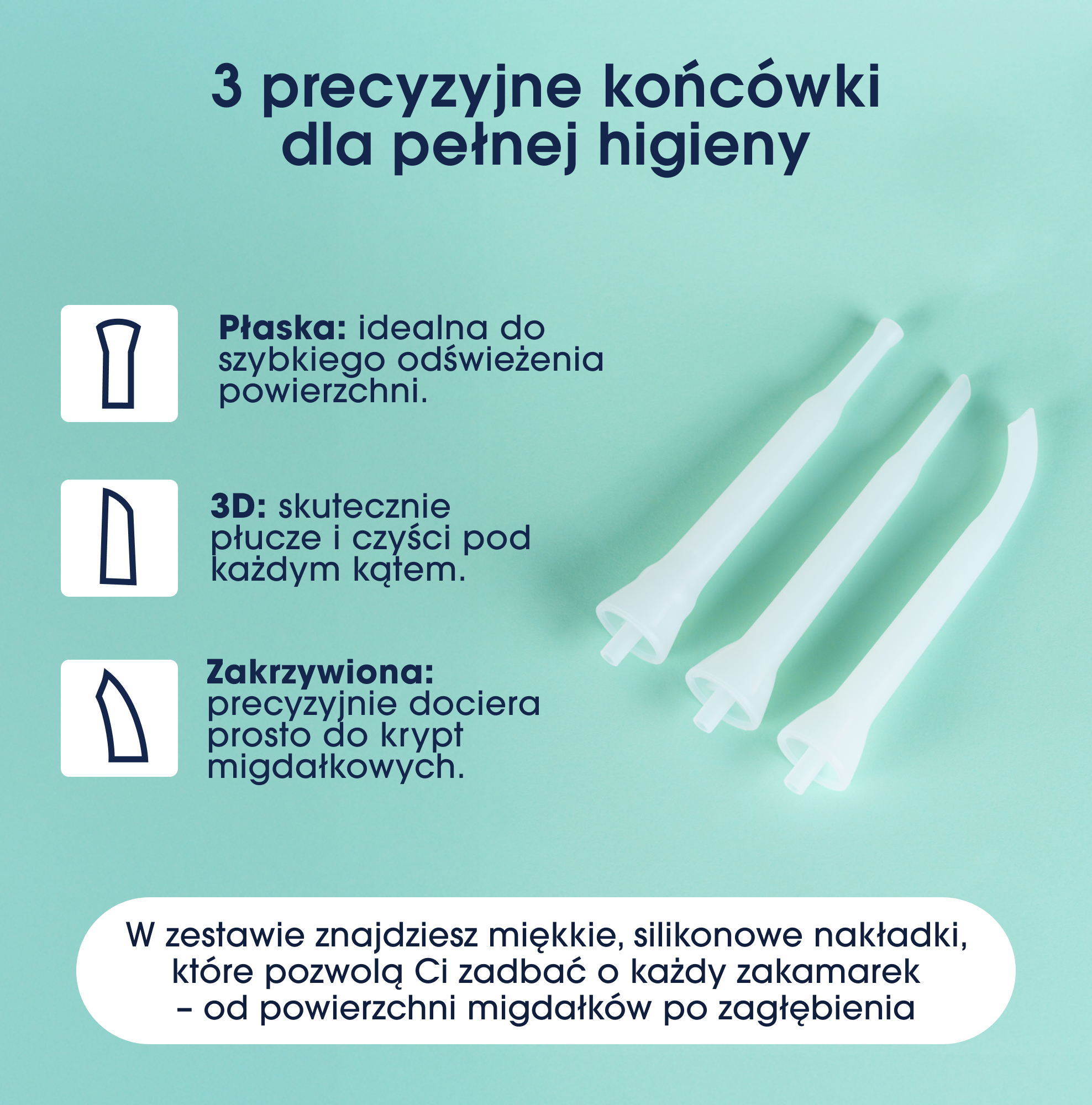 Trzy białe, silikonowe końcówki o różnych kształtach na turkusowym tle.