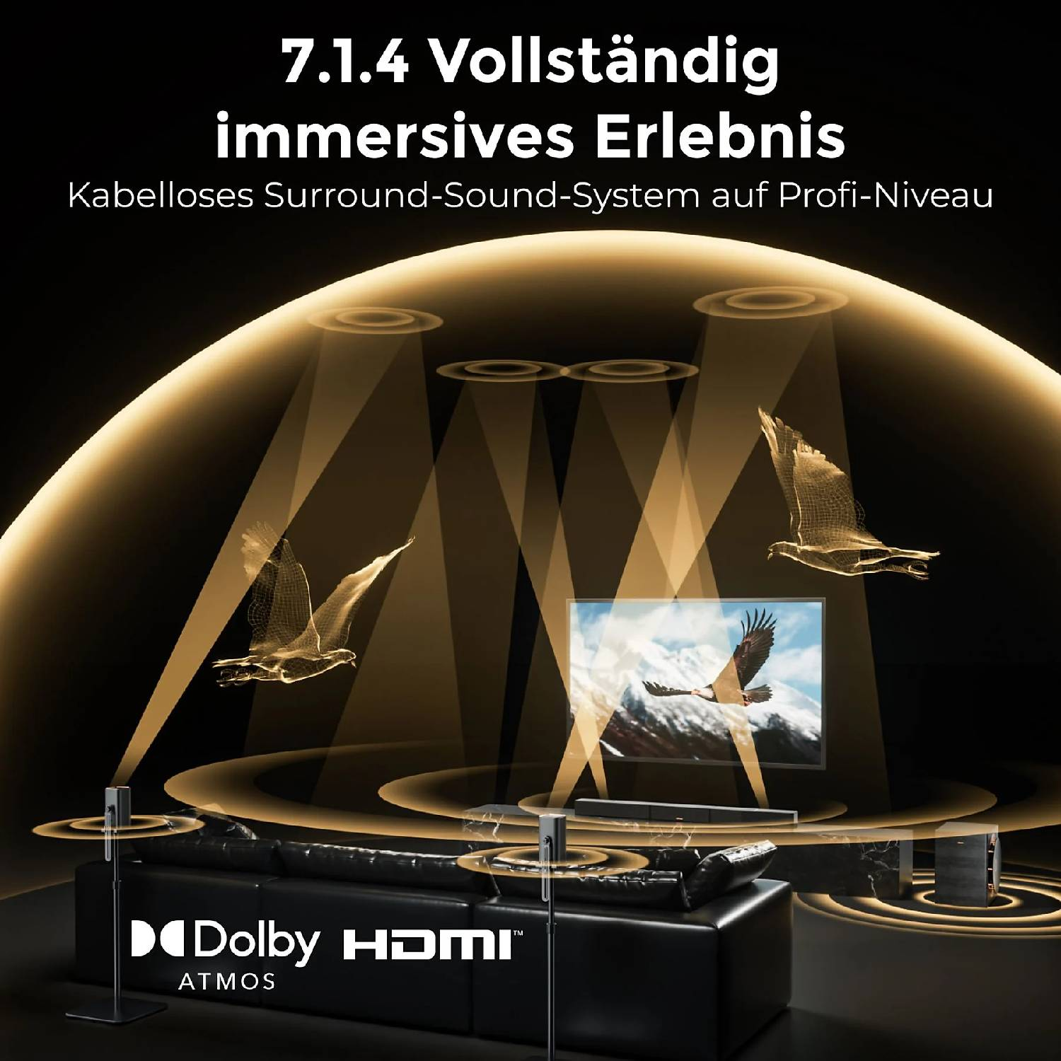 Un salon avec Dolby Atmos : haut-parleurs, TV, canapé, graphiques d'aigle.
