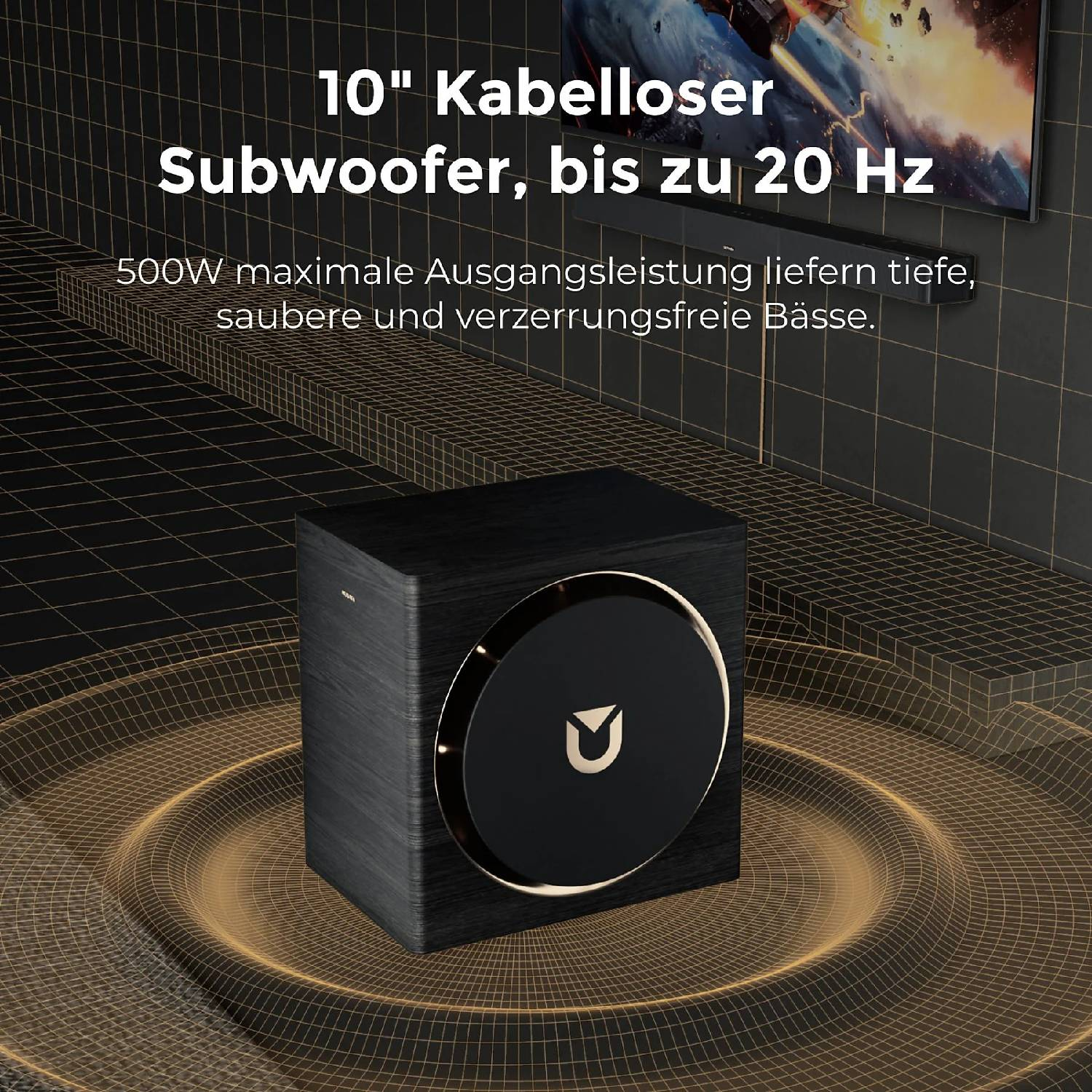 Subwoofer noir avec anneau doré et motif en grille.
