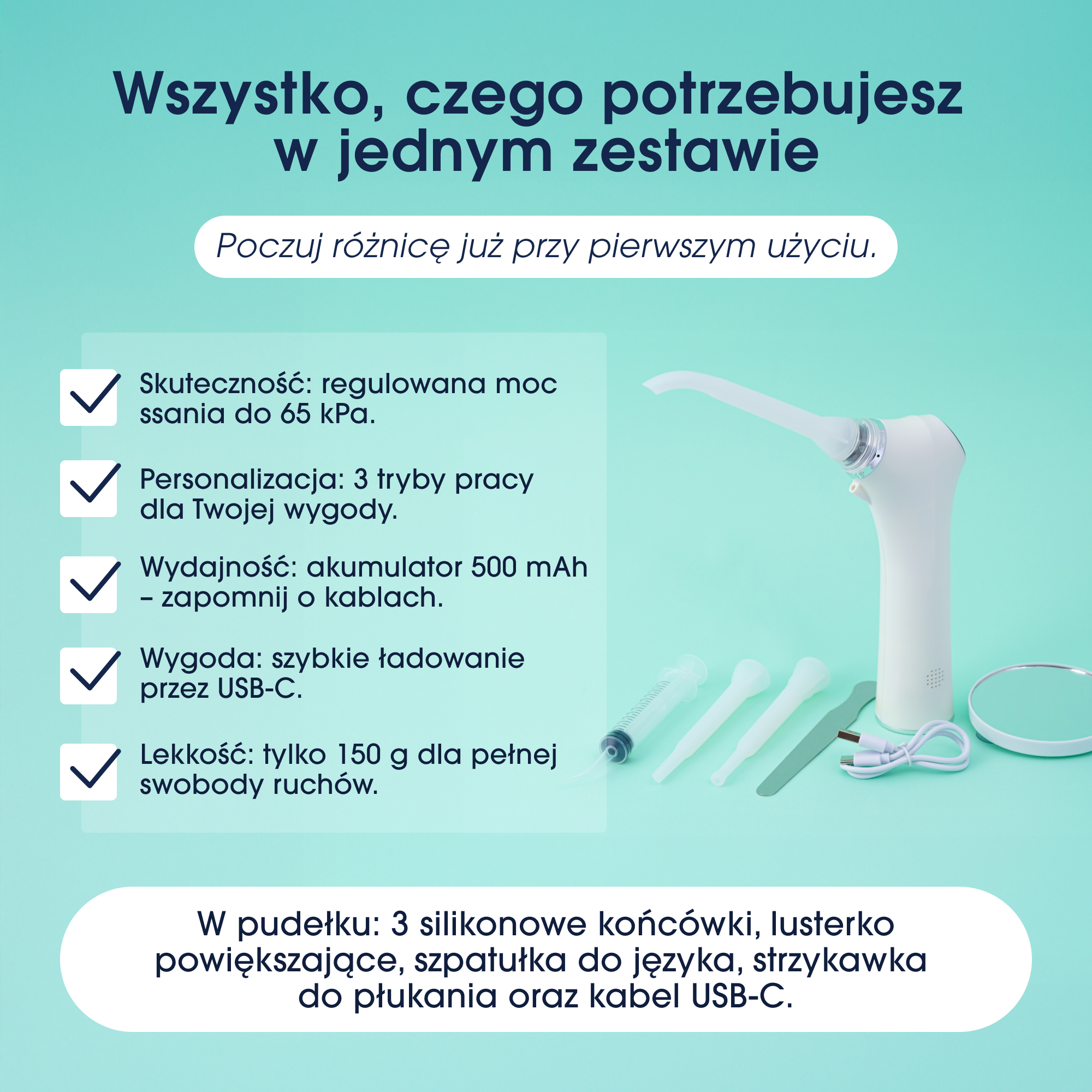 Białe urządzenie z akcesoriami na turkusowym tle. Zawiera rękojeść, 3 końcówki, lusterko, kabel.