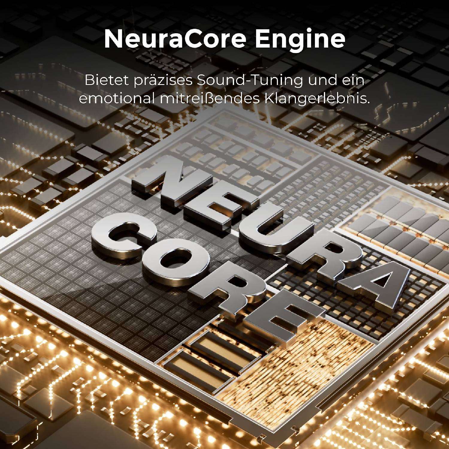 Moteur NeuraCore sur une carte de circuit imprimé stylisée avec circuits illuminés.