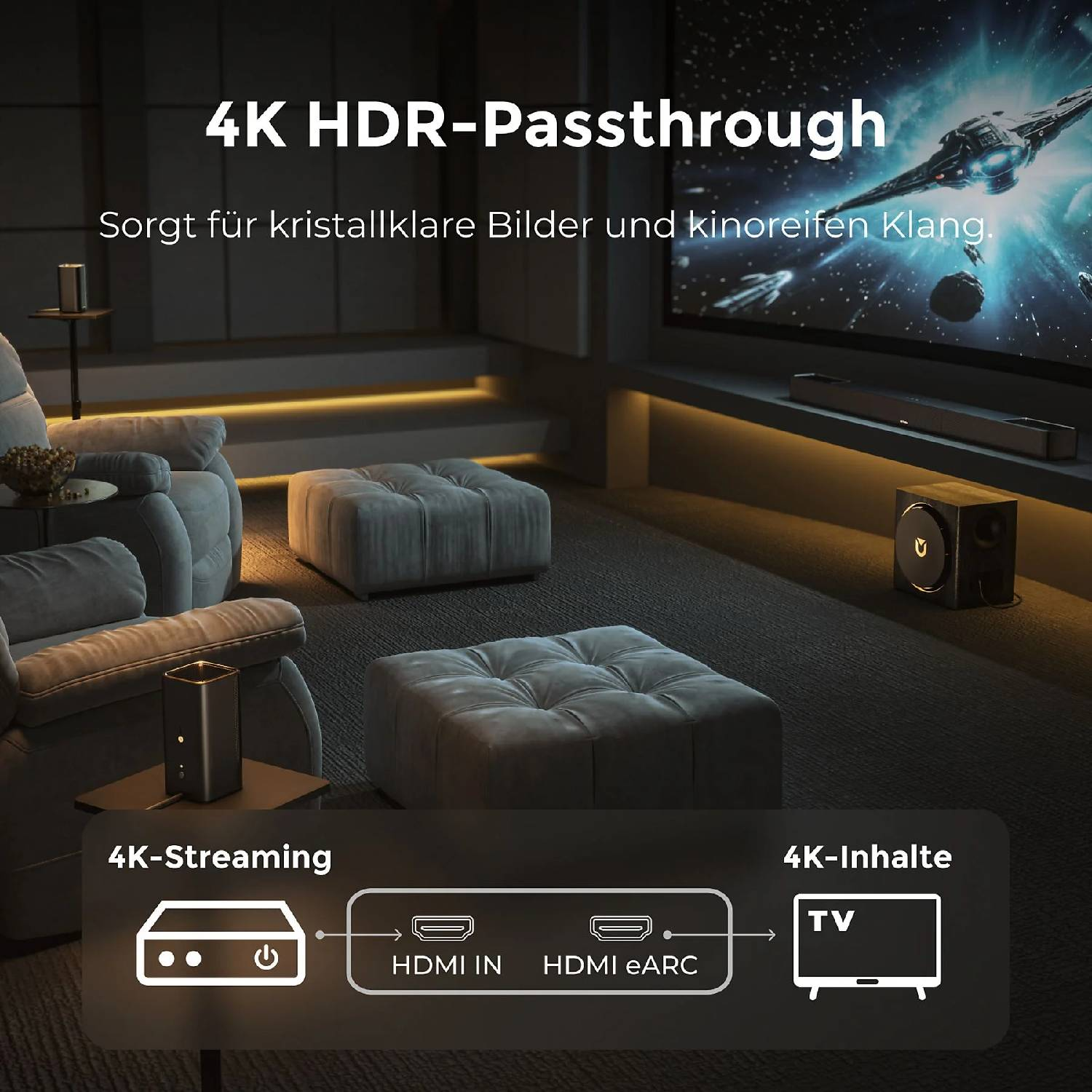 Cinéma maison avec passthrough 4K HDR, fauteuils confortables et grand écran.
