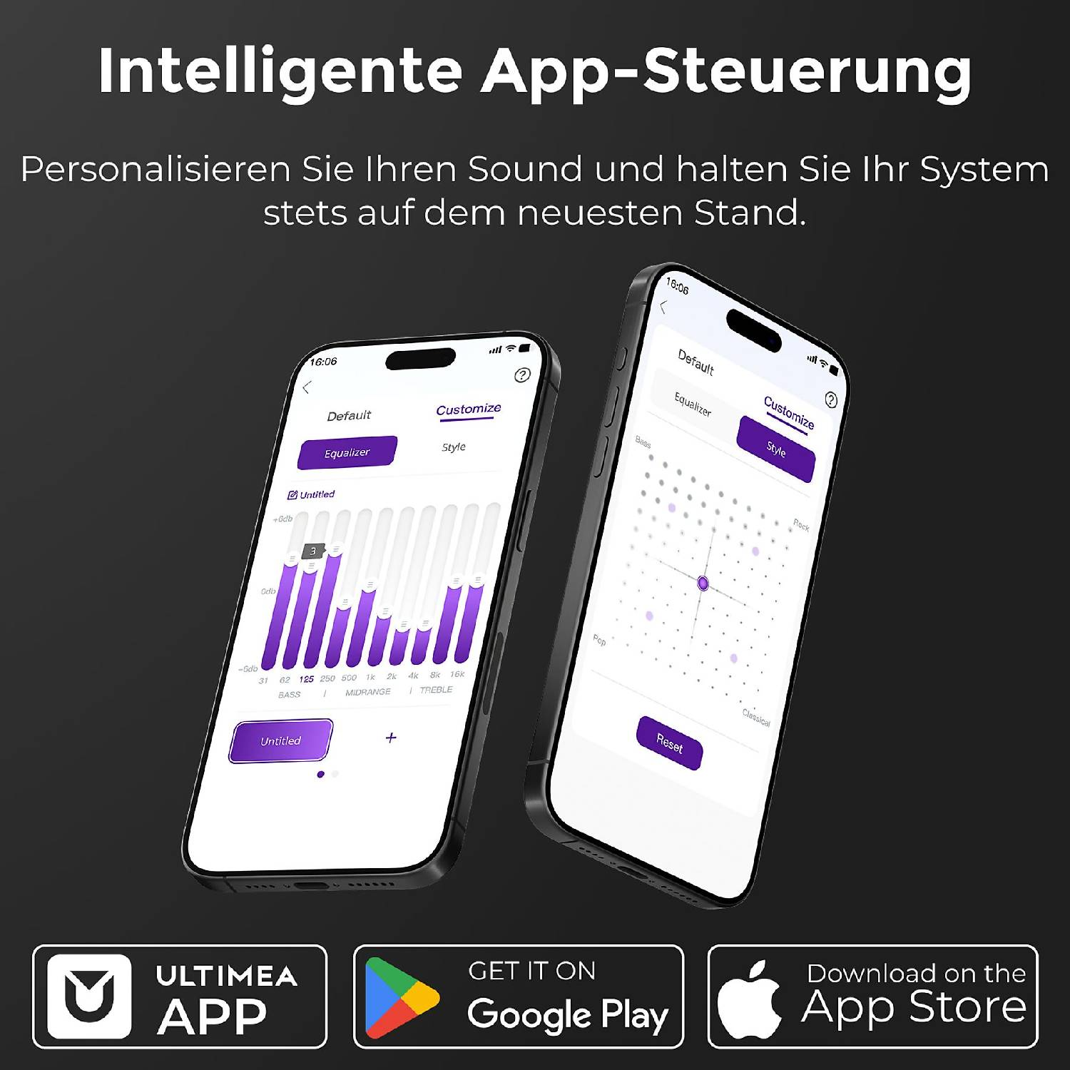 Deux smartphones affichent des interfaces d'application avec des réglages d'égaliseur et de style.
