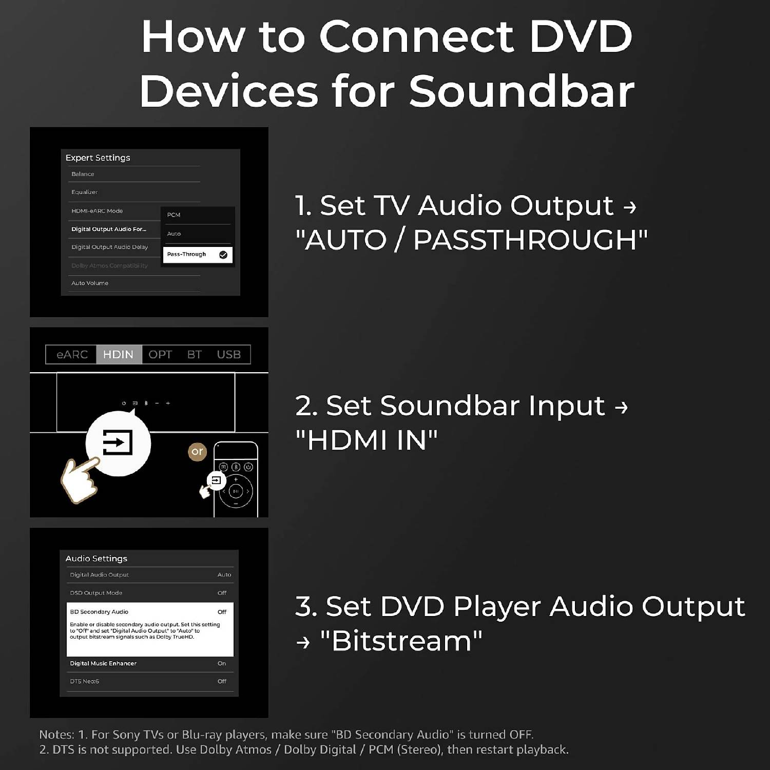 Guide : Réglez la sortie audio TV sur AUTO/PASSTHROUGH, la barre de son sur HDMI IN, le DVD sur Bitstream.