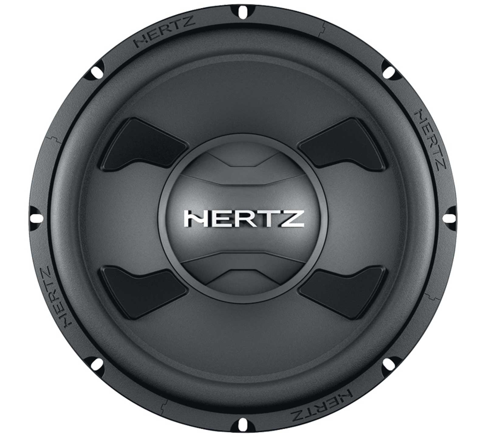 Schwarzer Hertz-Subwoofer mit silbernem Logo in der Mitte und Schraubenlöchern.