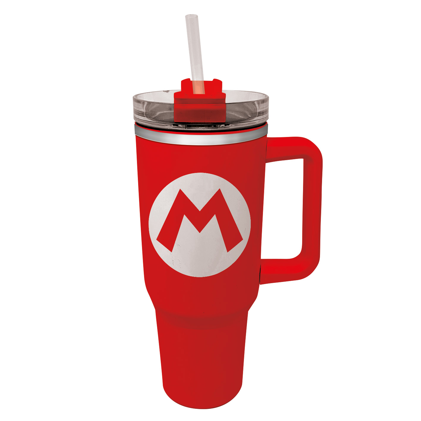 Rote Tasse mit weißem 'M'-Logo, Strohhalm und Griff.