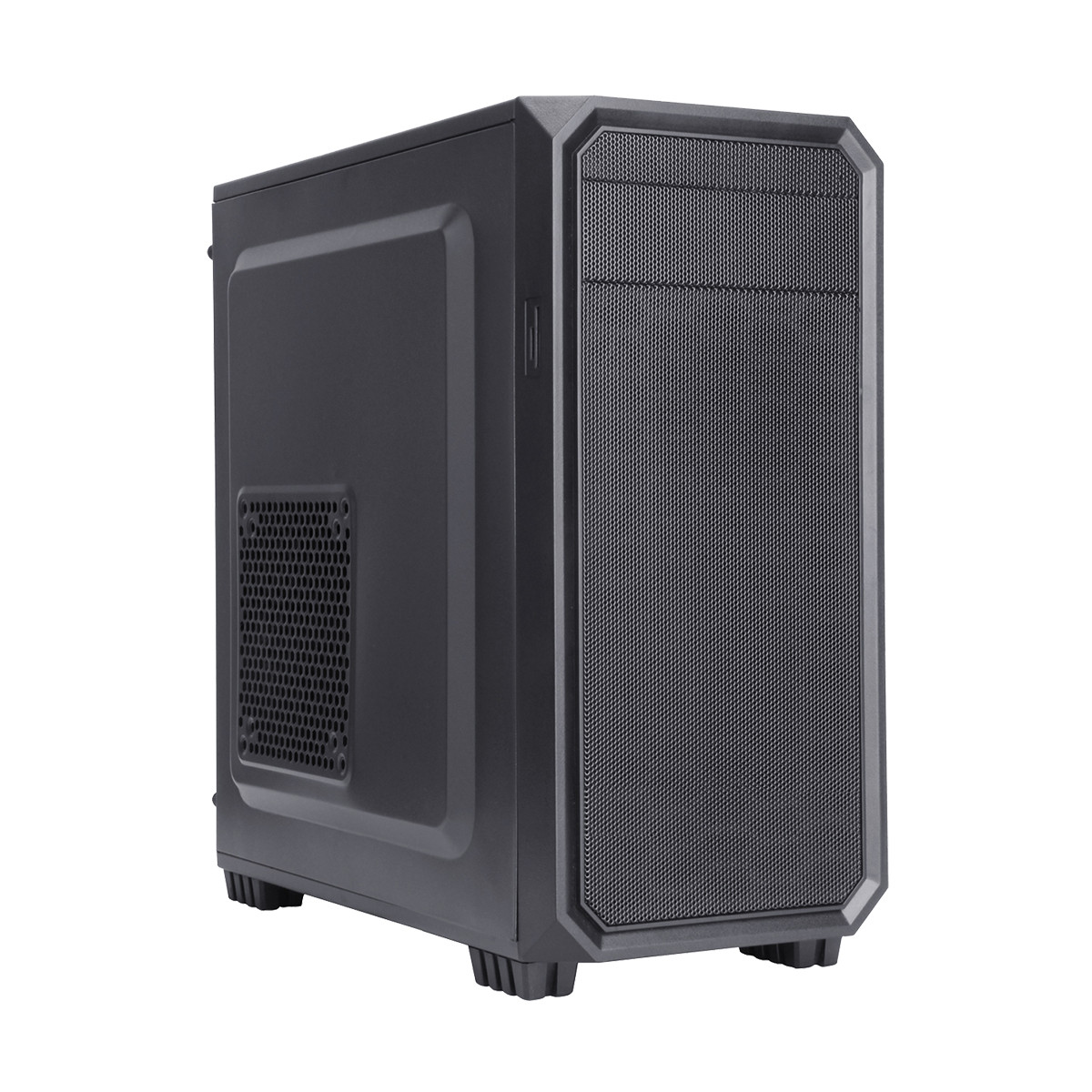 Un case per computer nero con fessure di ventilazione sul davanti e sul lato.