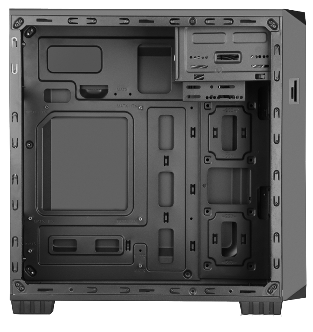 Vista interna di un case per computer nero con punti di montaggio per schede madri e SSD.
