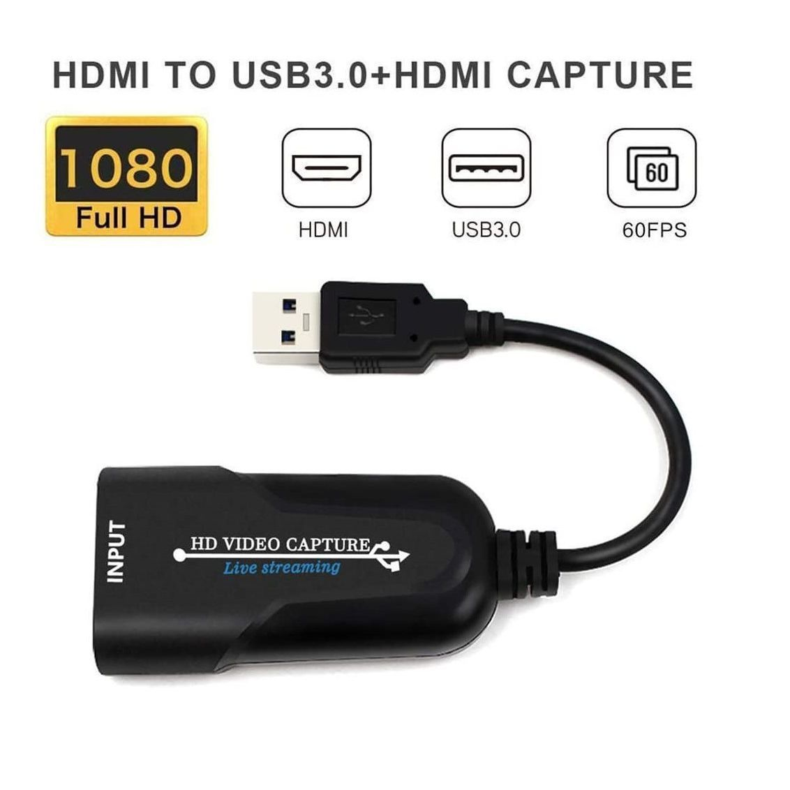 Ein schwarzer HDMI-zu-USB-3.0-Capture-Adapter mit Kabel und USB-Stecker.