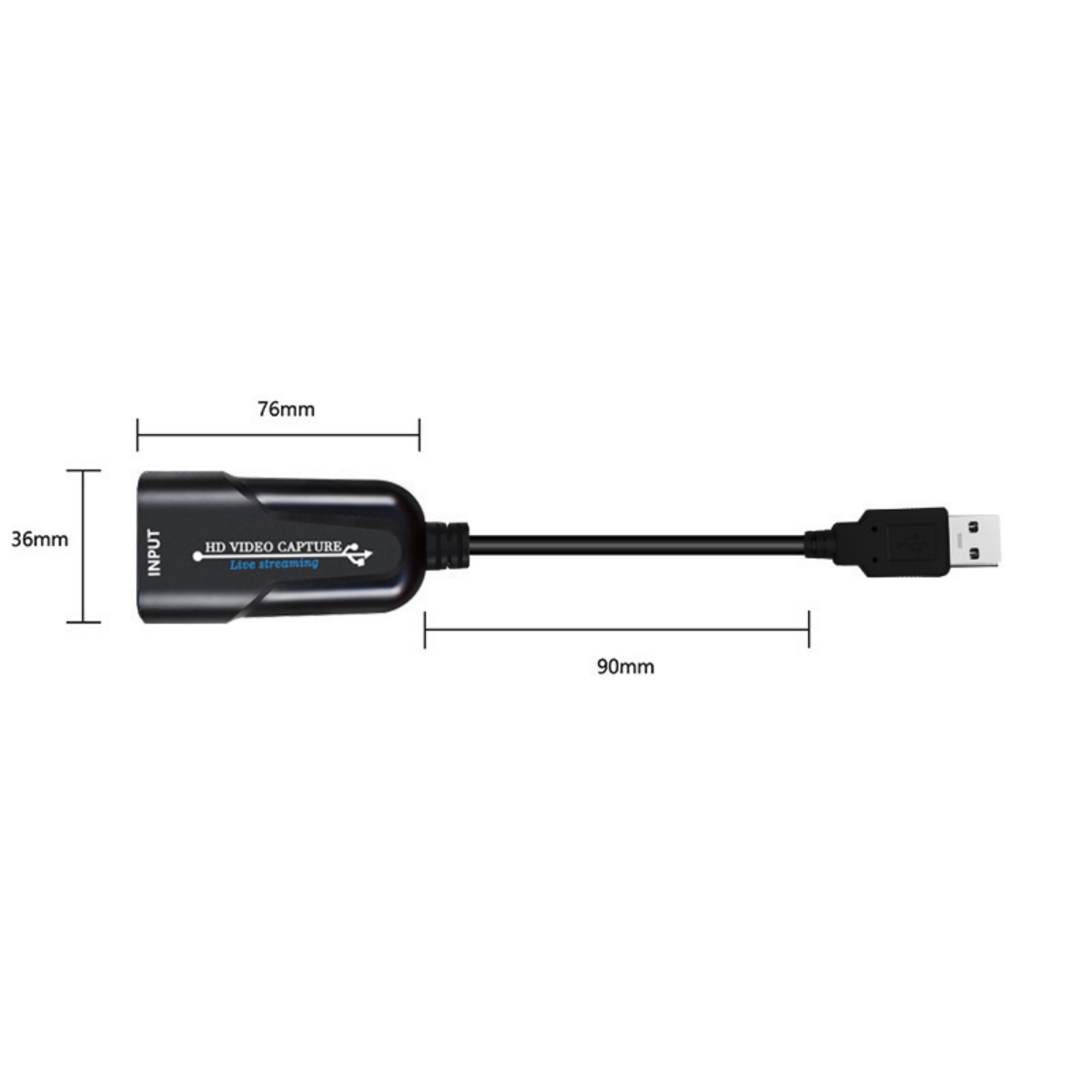 Schwarzer HD-Video-Capture-Adapter mit USB-Anschluss und Maßen.