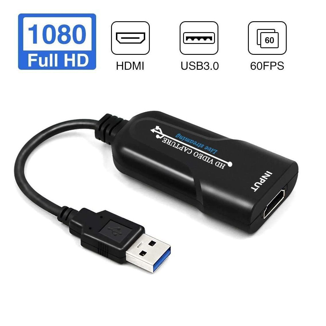 Ein schwarzer HD-Video-Capture-Adapter mit USB 3.0 und HDMI-Anschluss.