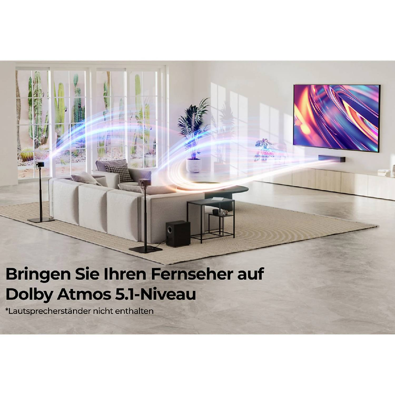 Salon moderne avec canapé, TV et effet Dolby Atmos.